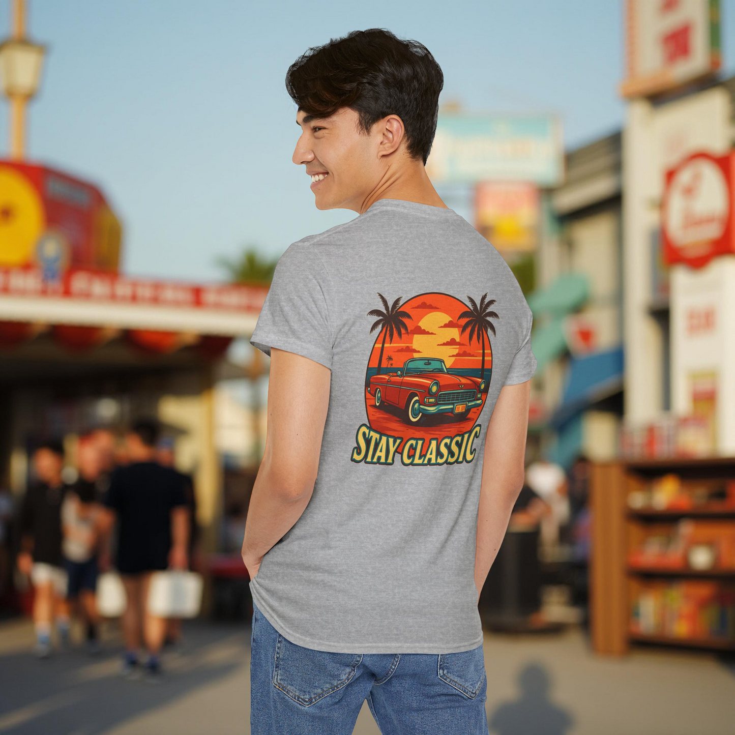 Stay Classic Car T-Shirt | Retro Sunset Lowrider Graphic Tee | Gildan 5000