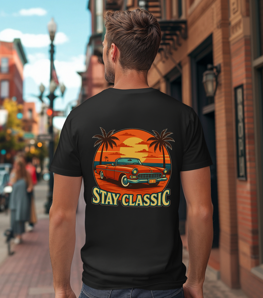Stay Classic Car T-Shirt | Retro Sunset Lowrider Graphic Tee | Gildan 5000