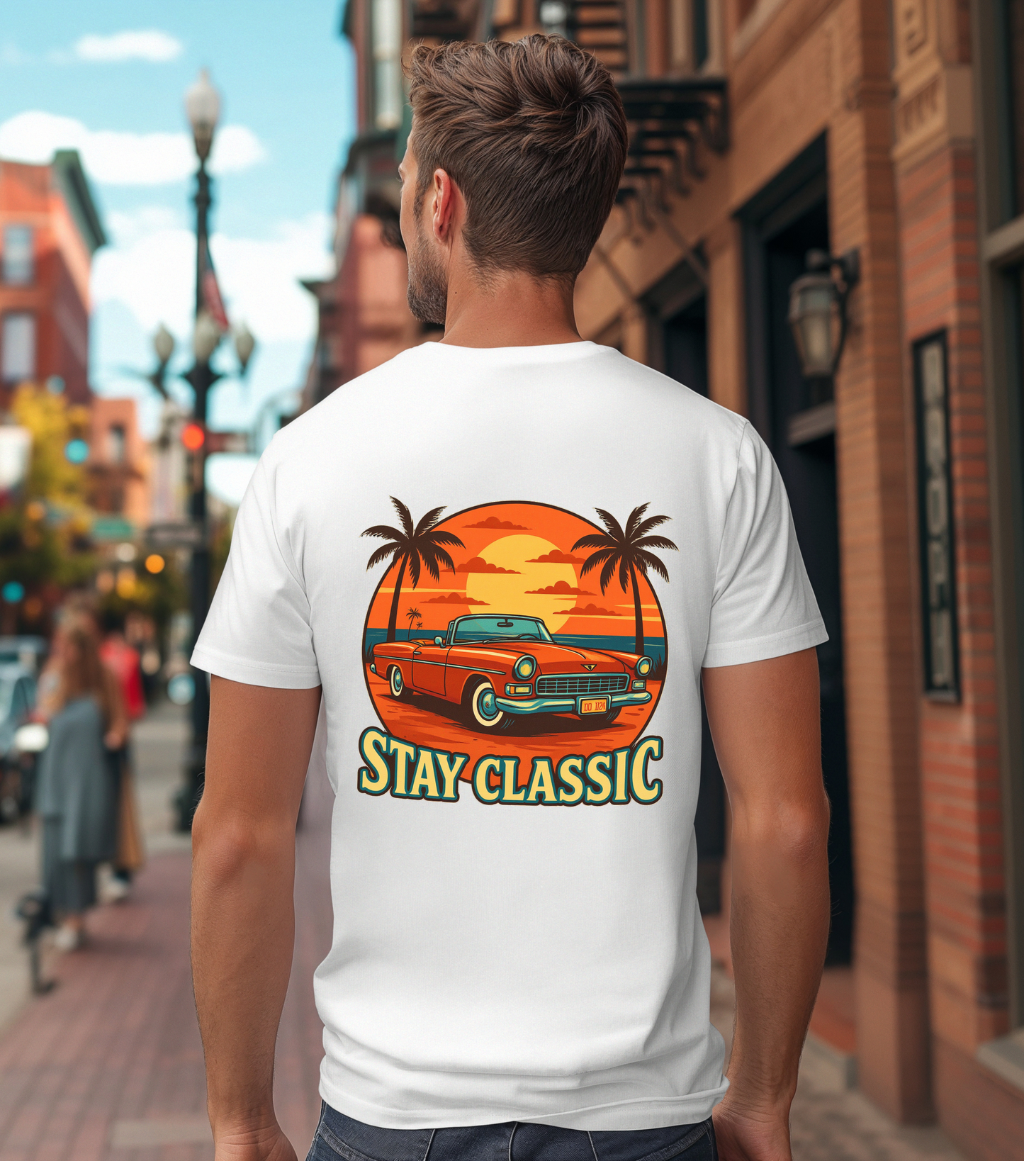 Stay Classic Car T-Shirt | Retro Sunset Lowrider Graphic Tee | Gildan 5000