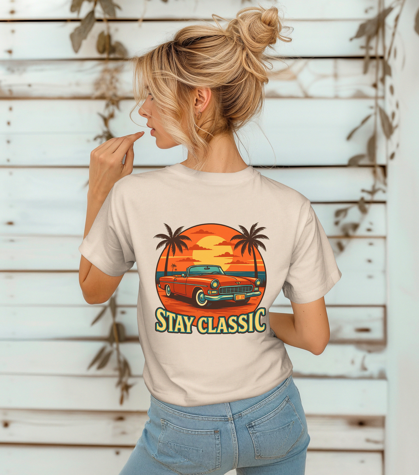 Stay Classic Car T-Shirt | Retro Sunset Lowrider Graphic Tee | Gildan 5000