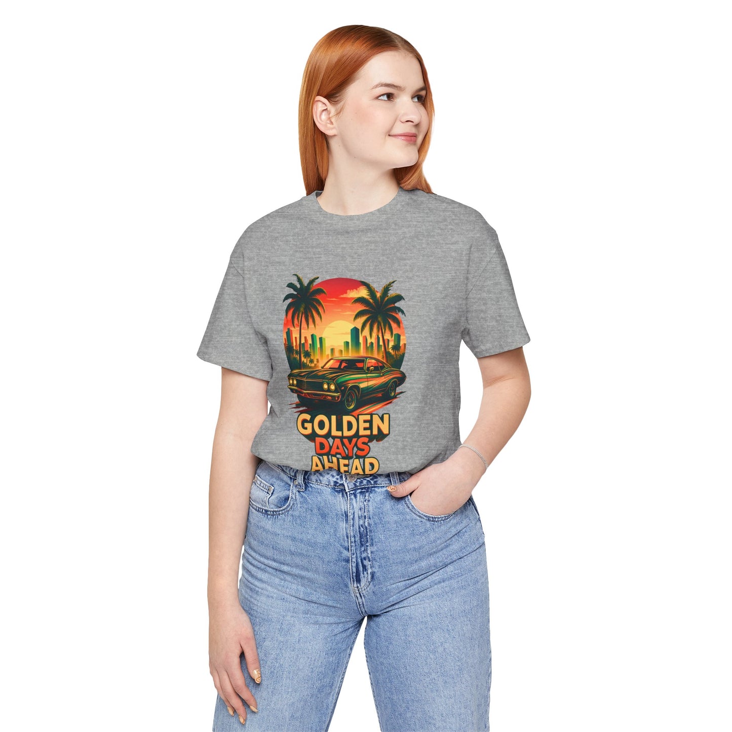Retro Sunset Muscle Car T-Shirt, Vintage Skyline Graphic Tee, Unisex Jersey Tee, Golden Days Ahead Shirt, Bella Canvas 3001