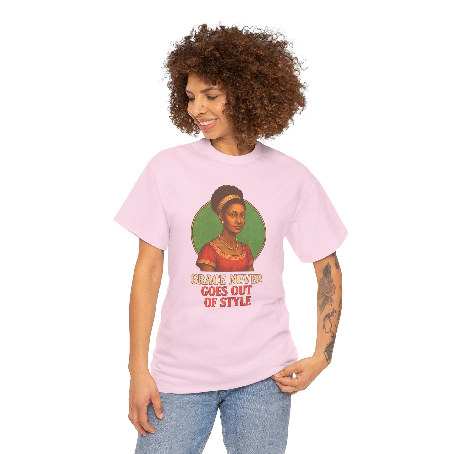 Grace Never Goes Out of Style Gildan 5000 Shirt - Retro Vintage Afro Woman Graphic Tee, 70s Aesthetic Inspirational Quote T-Shirt