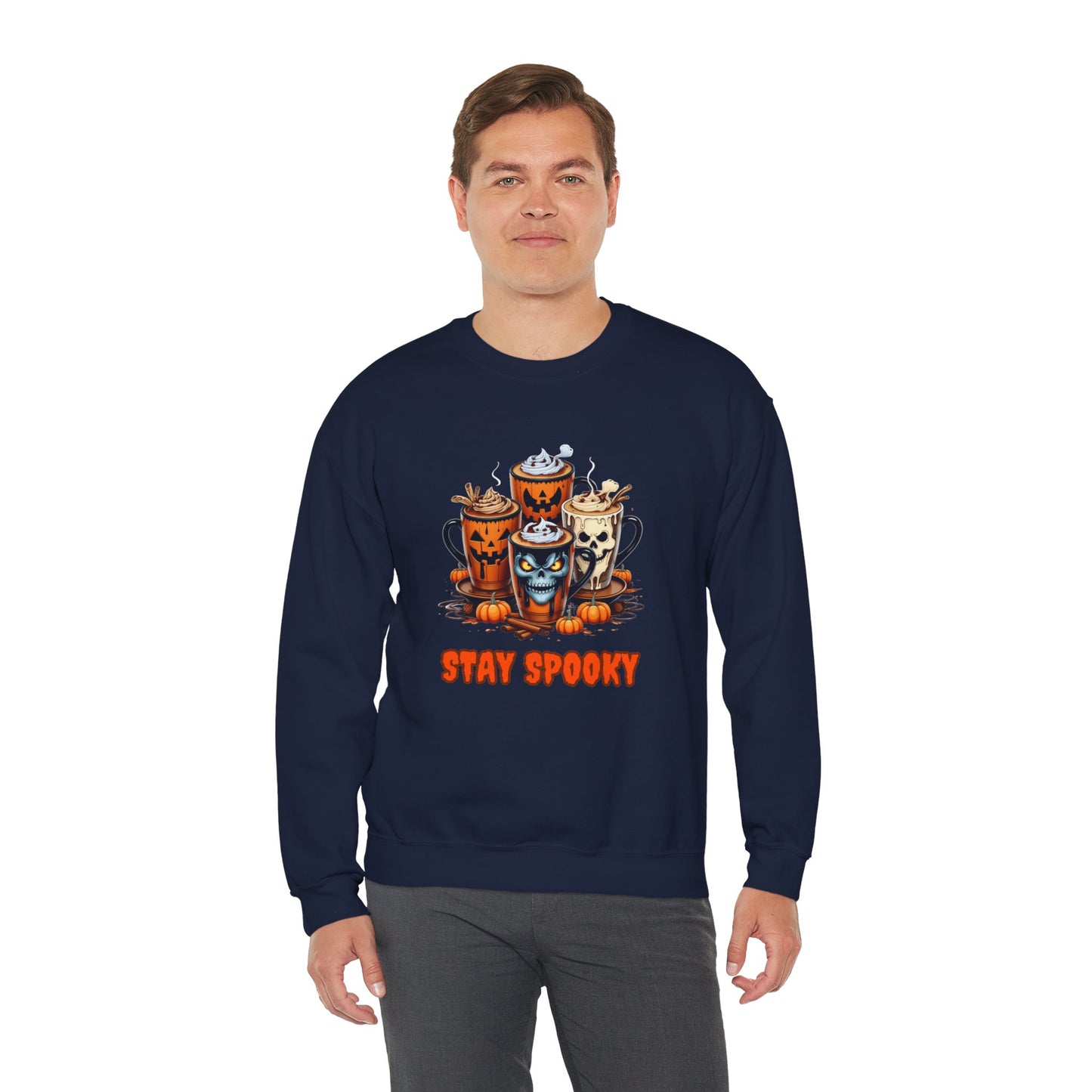 "Stay Spooky Halloween Coffee Cup Sweatshirt – Cozy Gildan Crewneck for Fall & Pumpkin Lovers"