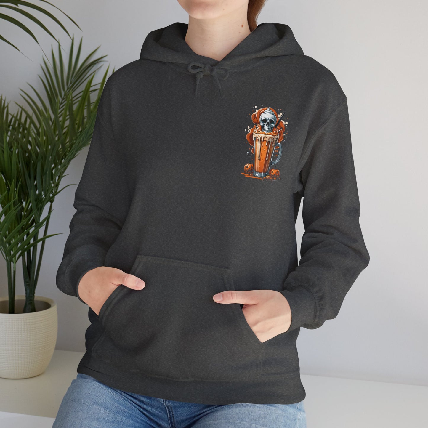 Halloween Skull Pumpkin Latte Hoodie – Spooky Fall Coffee Graphic Sweatshirt – Gildan 18500 Unisex Cozy Autumn Hoodie