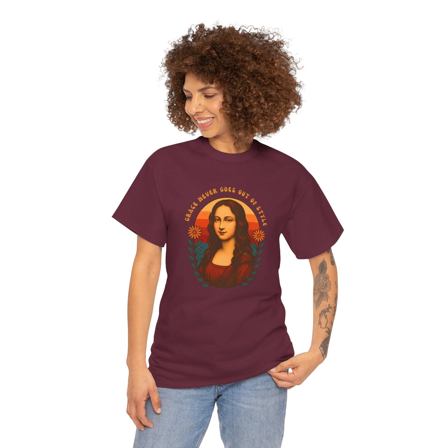 Retro Mona Lisa Unisex Heavy Cotton Tee - Vintage Aesthetic Graphic Shirt, 70s Art Tee, Trendy Gildan 5000 Top, Grace Never Goes Out of