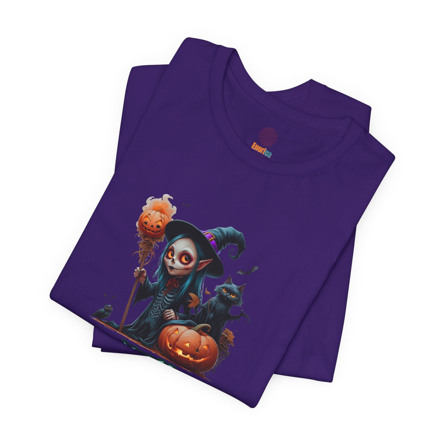 Happy Halloween Witch Shirt – Spooky Pumpkin Cat Graphic Tee – Bella Canvas 3001 – Unisex Halloween T-Shirt for Women Men