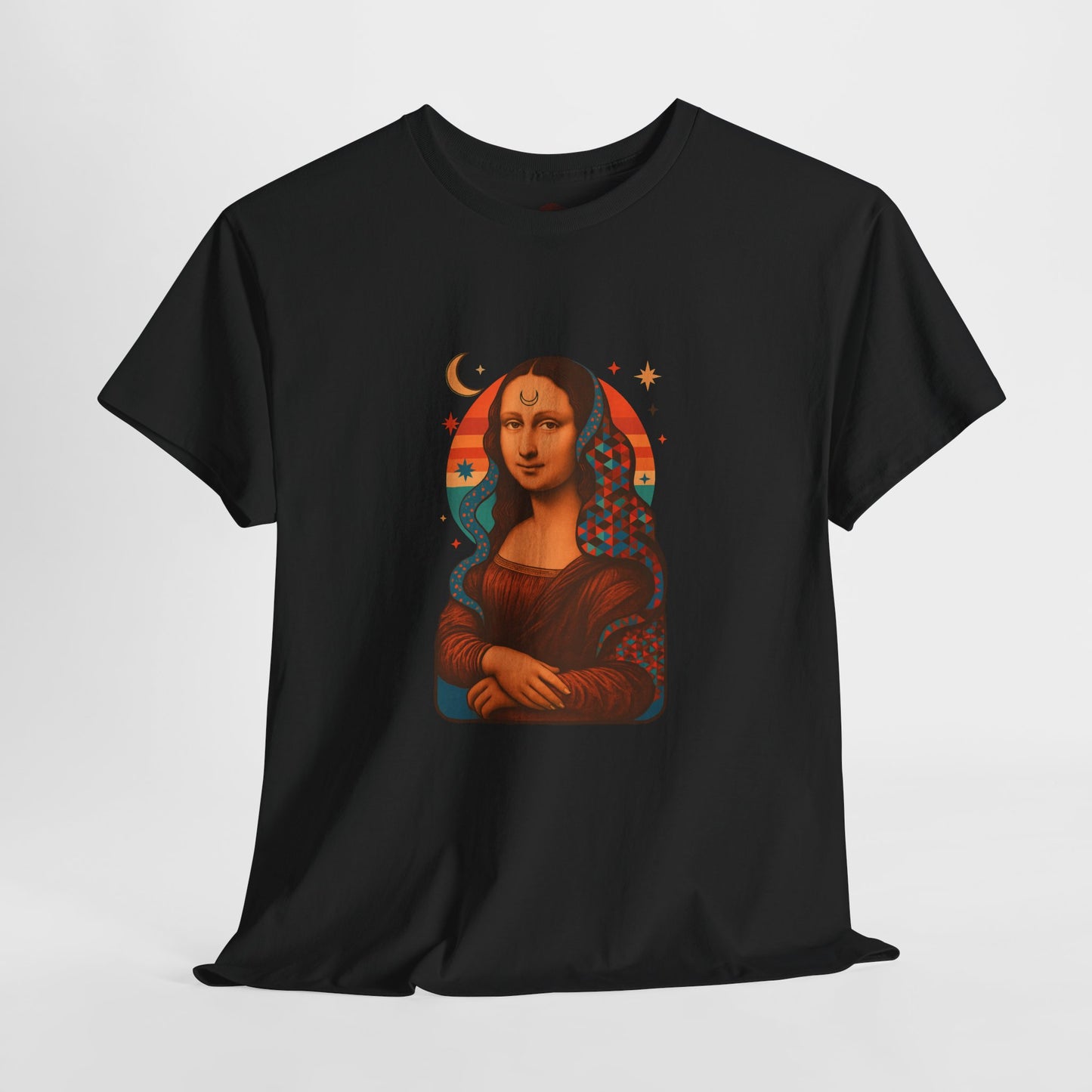 Psychedelic Mona Lisa Gildan 5000 Shirt - Trippy Retro Art Graphic Tee, Colorful Geometric Celestial Design, Vintage Aesthetic T-Shirt
