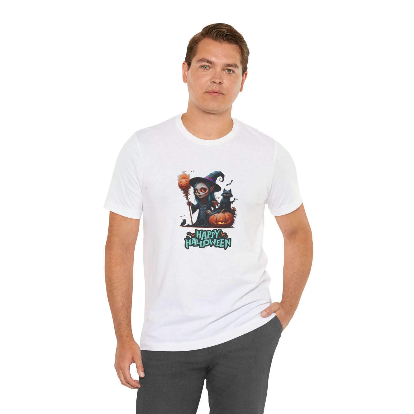 Happy Halloween Witch Shirt – Spooky Pumpkin Cat Graphic Tee – Bella Canvas 3001 – Unisex Halloween T-Shirt for Women Men