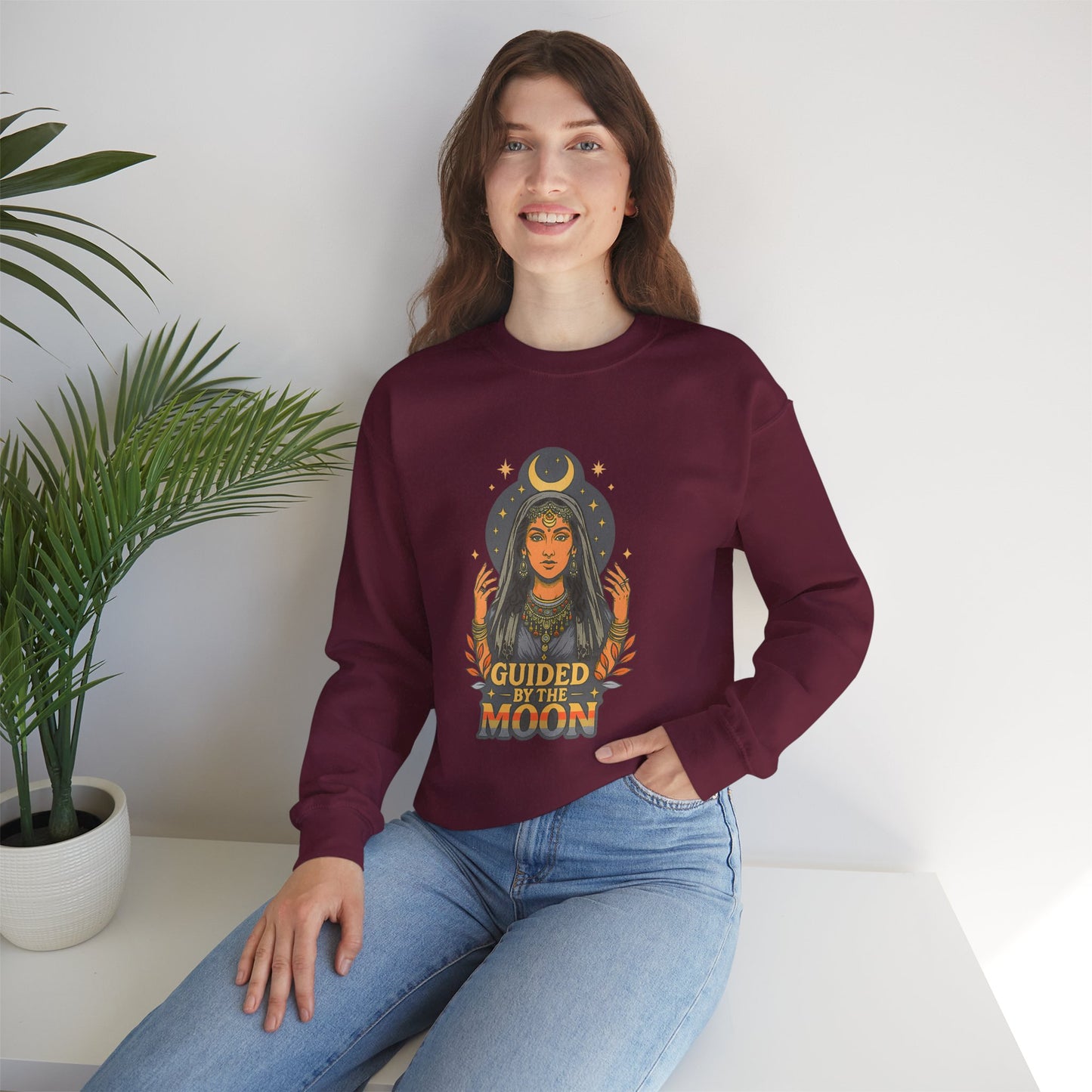 Guided by the Moon Sweatshirt, Celestial Graphic Pullover, Moon Phase Cozy Top, Astrology Gift, Gildan 18000 Sweatshirt
