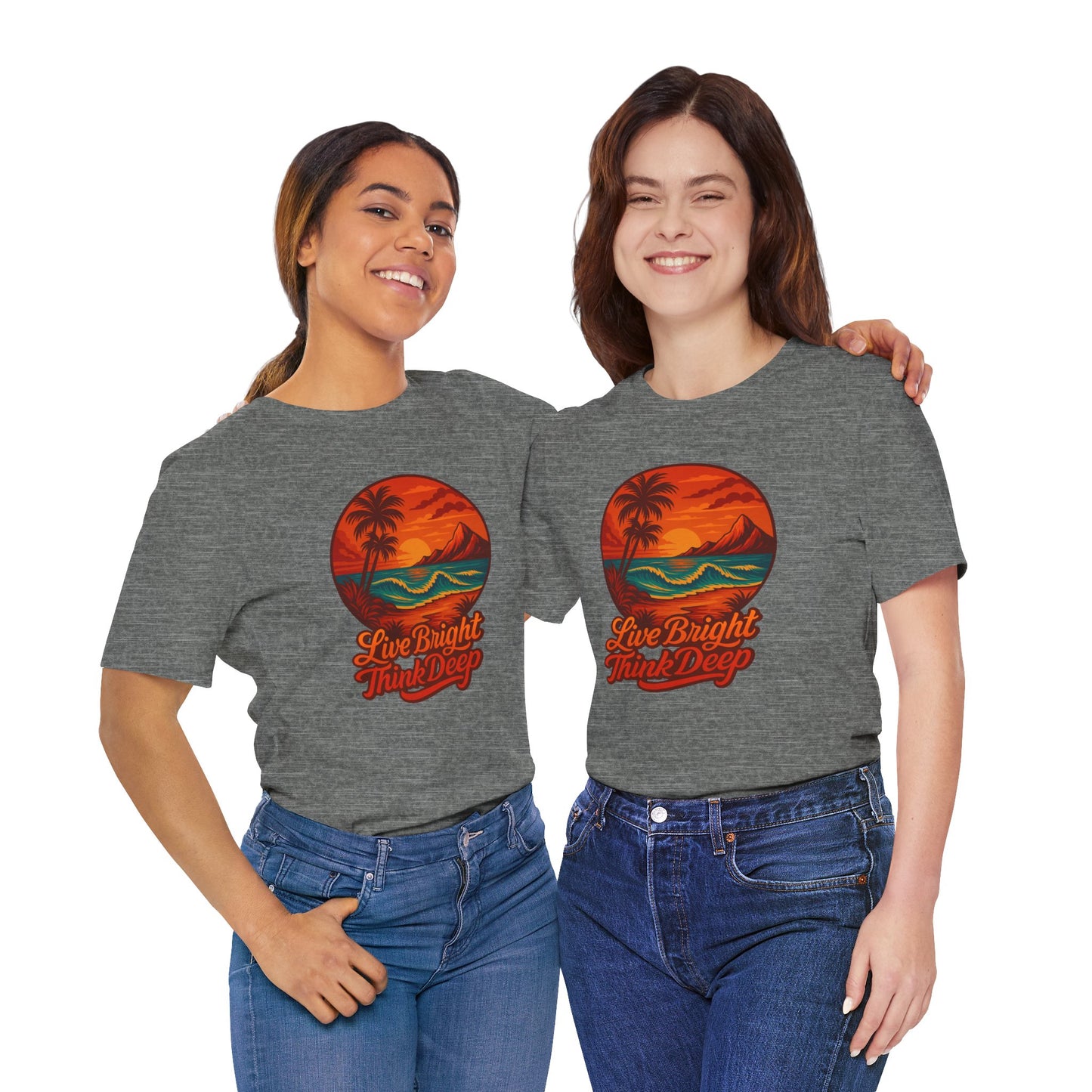 Retro Sunset Ocean Wave Graphic Tee - Live Bright Think Deep T-Shirt, Palm Tree Beach Shirt, Inspirational Typography, Unisex Bella Canvas