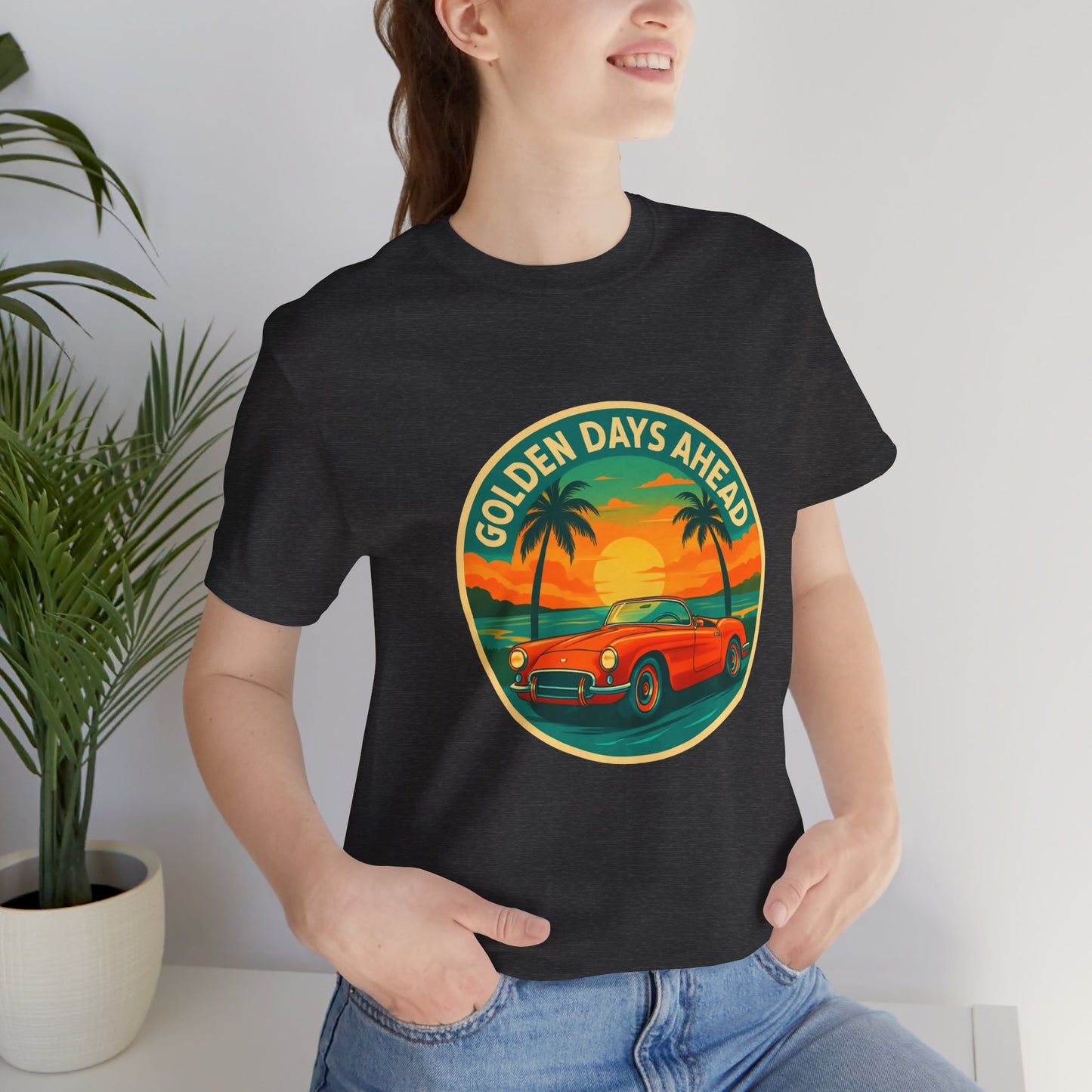 Golden Days Ahead Retro Convertible T-Shirt, Vintage Classic Car Graphic Tee, Sunset Beach Palm Trees - Unisex Jersey Short Sleeve Tee,