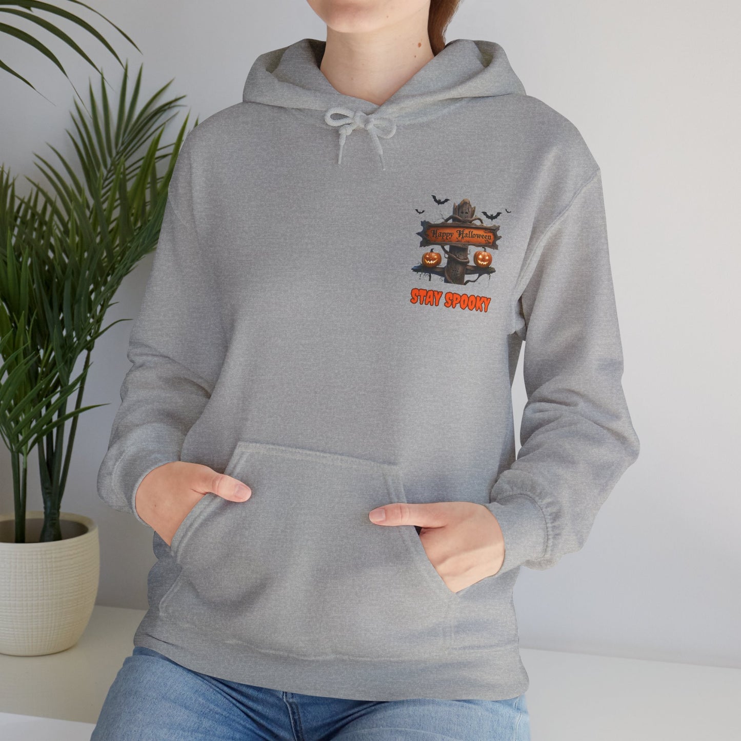 Stay Spooky Halloween Hoodie – Happy Halloween Gravestone & Pumpkin Graphic – Gildan Heavy Blend Unisex Pullover"