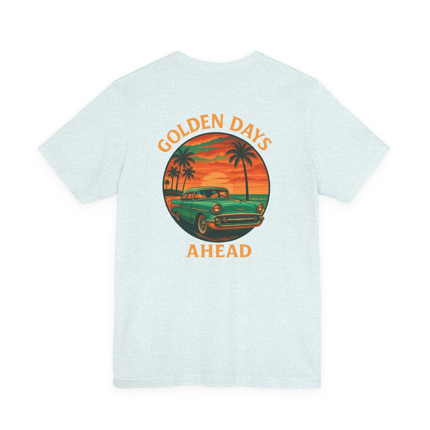 Golden Days Ahead Retro Car T-Shirt, Vintage Classic 50s Tee, Coastal Sunset Palm Trees, Unisex Jersey Shirt, Bella Canvas 3001, Men Women,