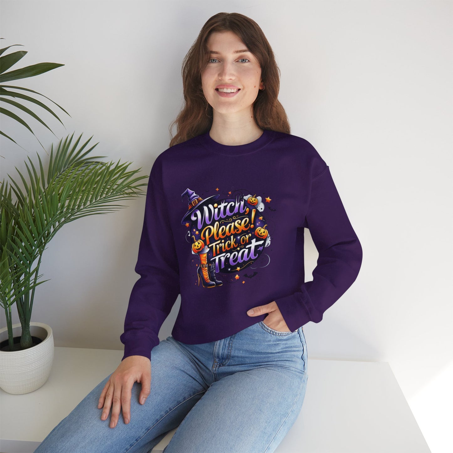 Halloween Sweatshirt – "Witch Please, Trick or Treat" – Funny Witch Hat & Pumpkins Graphic – Cozy Unisex Crewneck Pullover