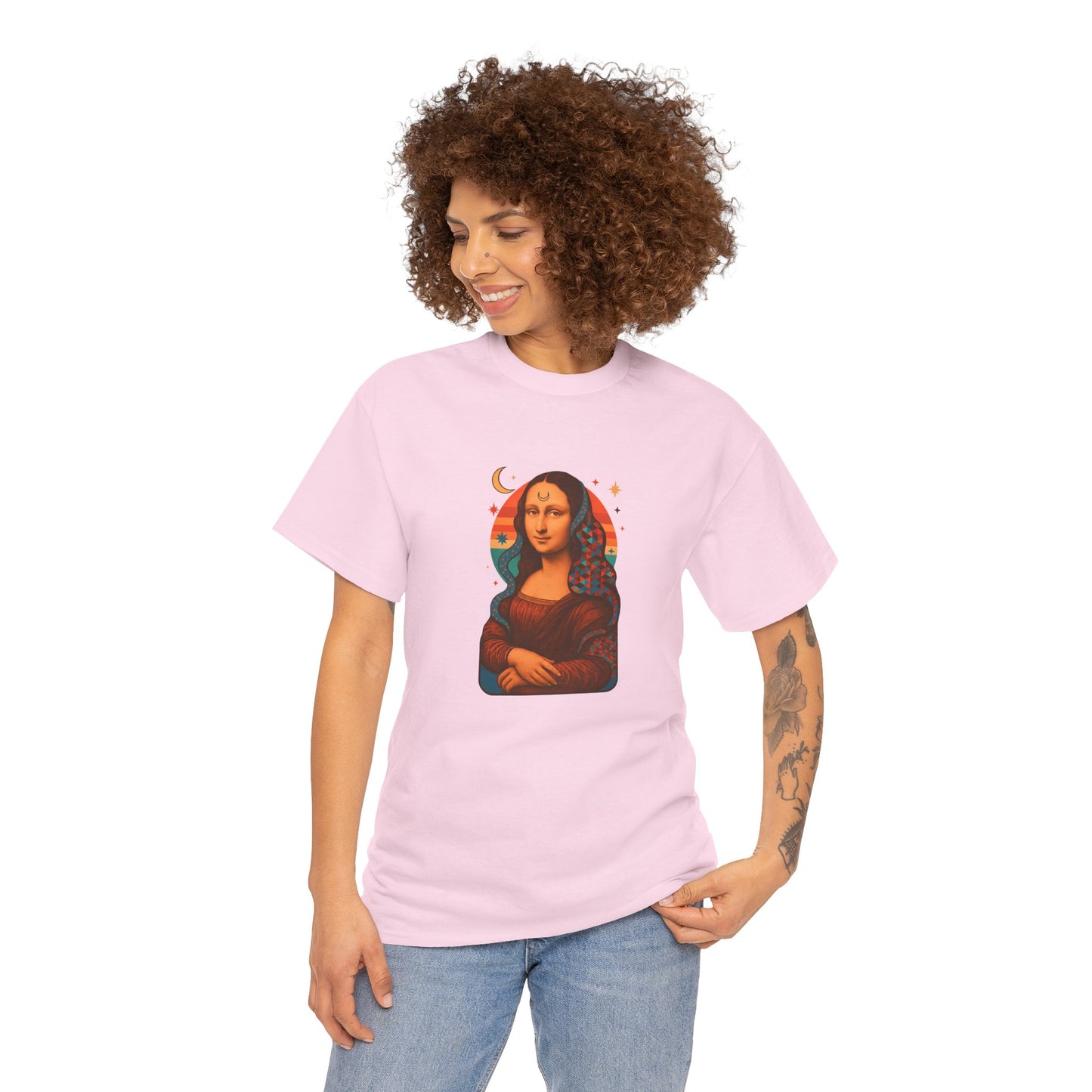 Psychedelic Mona Lisa Gildan 5000 Shirt - Trippy Retro Art Graphic Tee, Colorful Geometric Celestial Design, Vintage Aesthetic T-Shirt