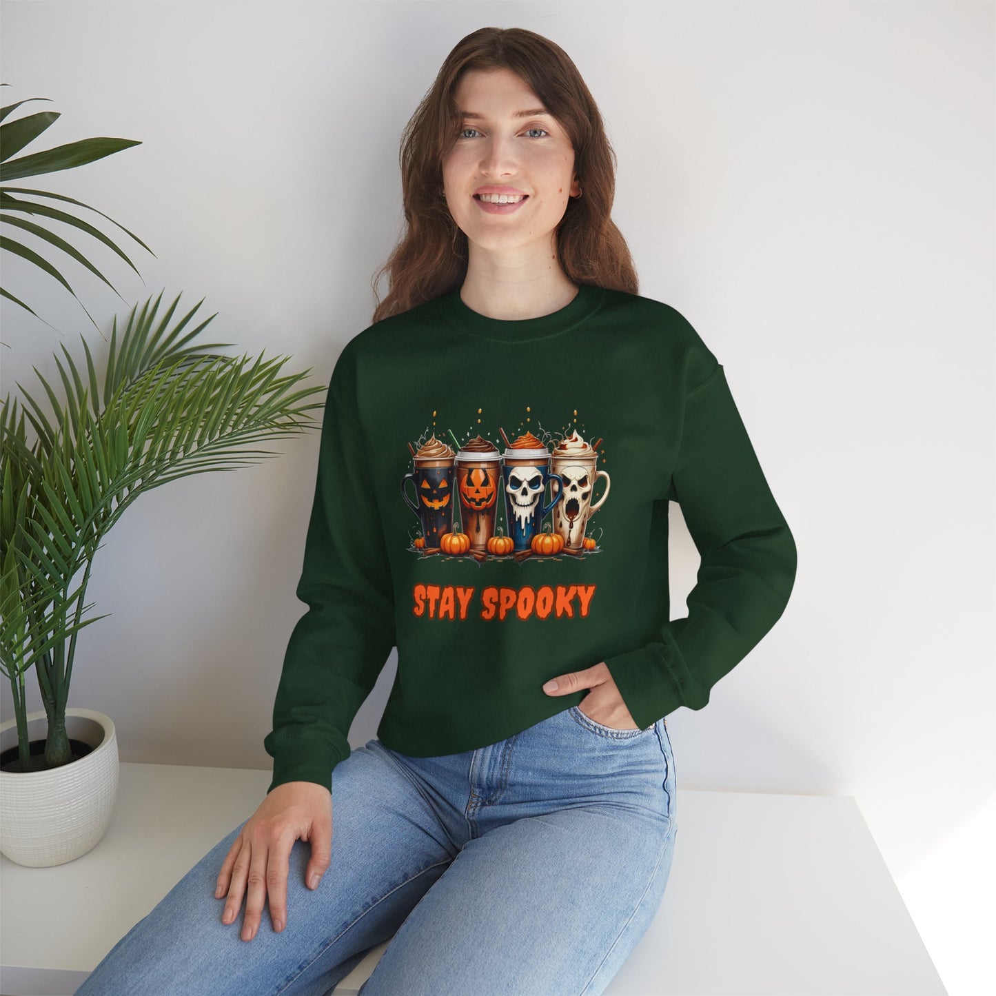 Stay Spooky Halloween Coffee Cups Sweatshirt – Unisex Gildan Heavy Blend Crewneck Pullover