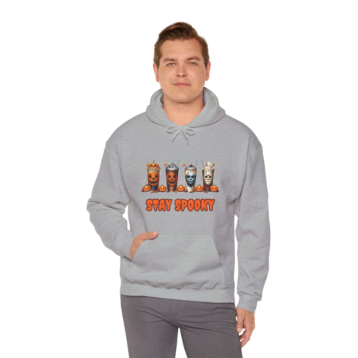 Stay Spooky Halloween Horror Hoodie – Pumpkin Skull Coffee Cup Graphic – Michael Myers Jason Inspired – Gildan 18500 Unisex Pullover