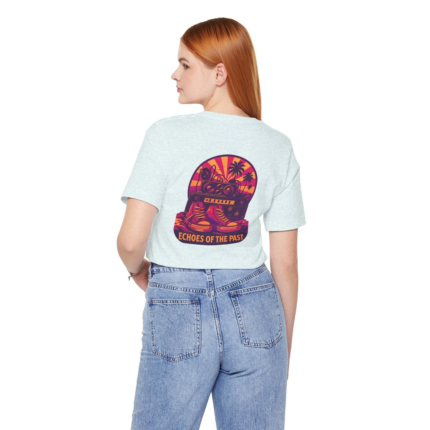 Echoes of the Past Retro Sunset T-Shirt – Bella Canvas 3001 Unisex 80s Vaporwave Graphic Tee, Vintage Music Lover Shirt