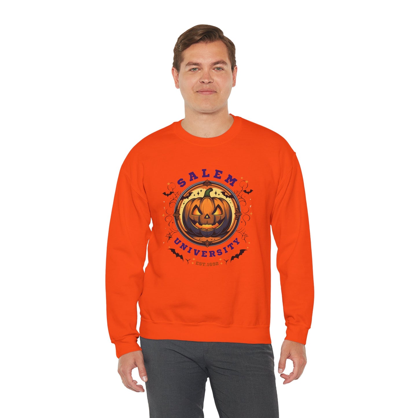 Unisex Salem University Halloween Sweatshirt – Pumpkin Jack-O’-Lantern Graphic Crewneck, Spooky Fall Aesthetic Pullover