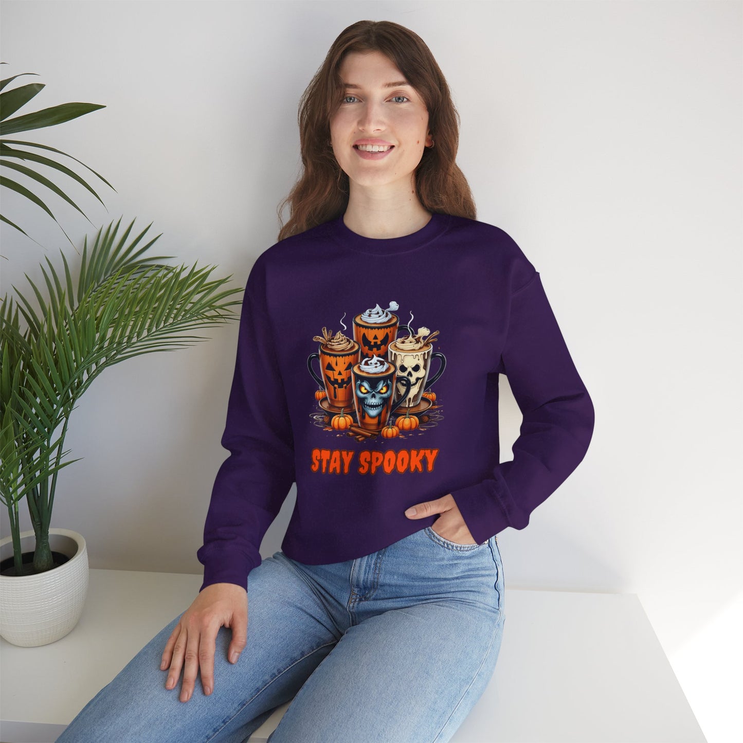 "Stay Spooky Halloween Coffee Cup Sweatshirt – Cozy Gildan Crewneck for Fall & Pumpkin Lovers"
