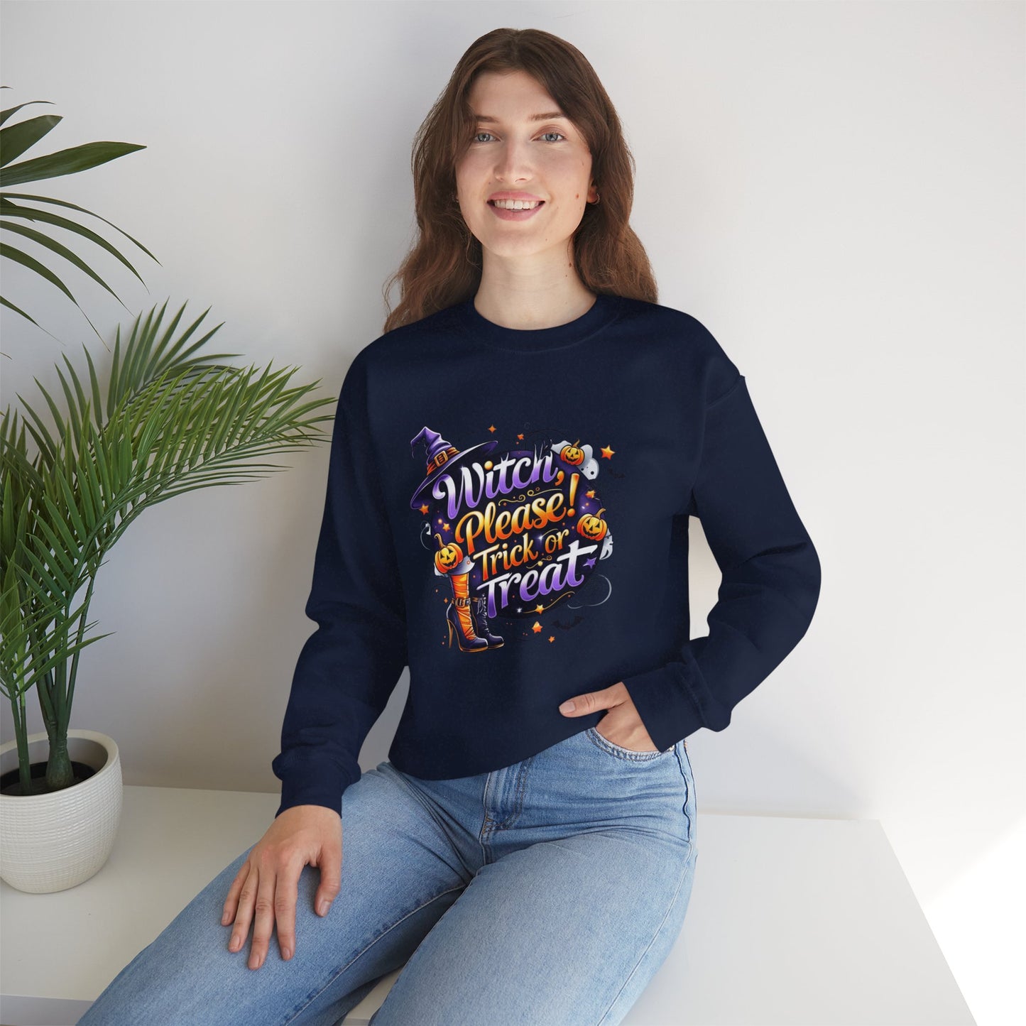 Halloween Sweatshirt – "Witch Please, Trick or Treat" – Funny Witch Hat & Pumpkins Graphic – Cozy Unisex Crewneck Pullover