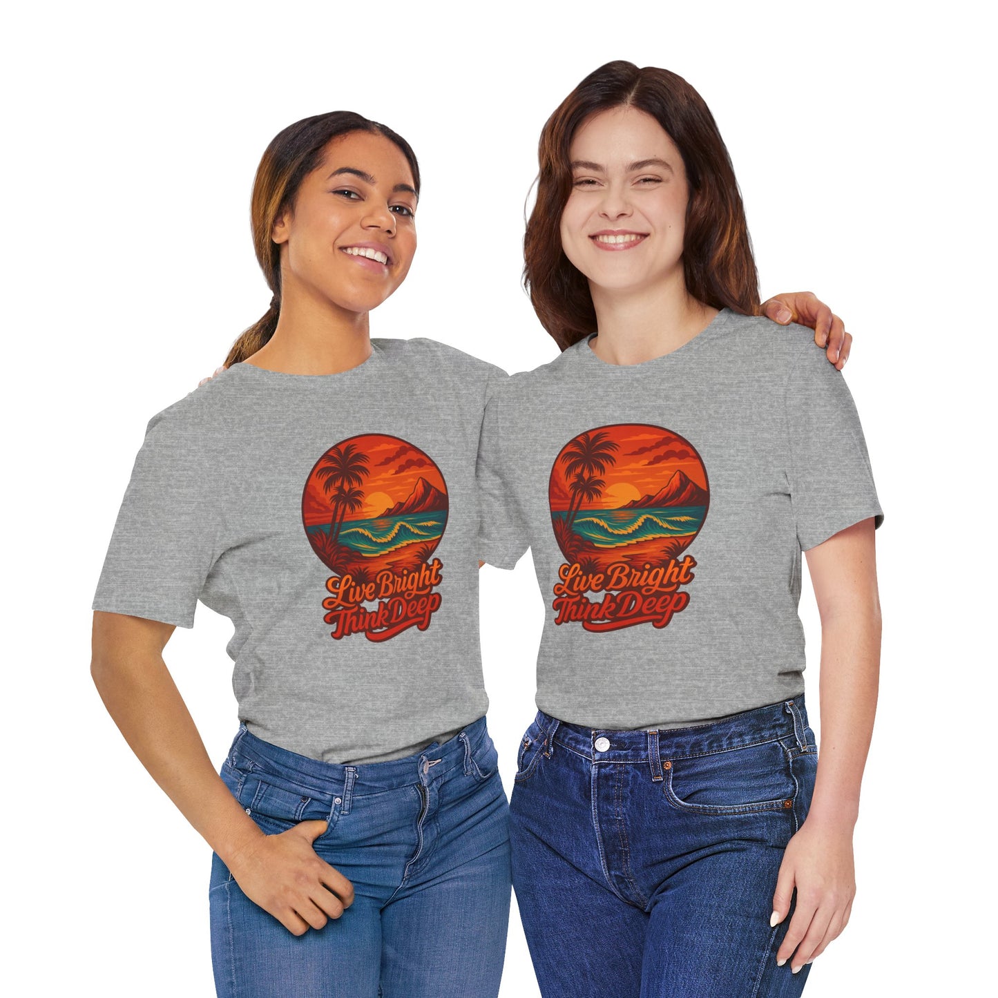 Retro Sunset Ocean Wave Graphic Tee - Live Bright Think Deep T-Shirt, Palm Tree Beach Shirt, Inspirational Typography, Unisex Bella Canvas