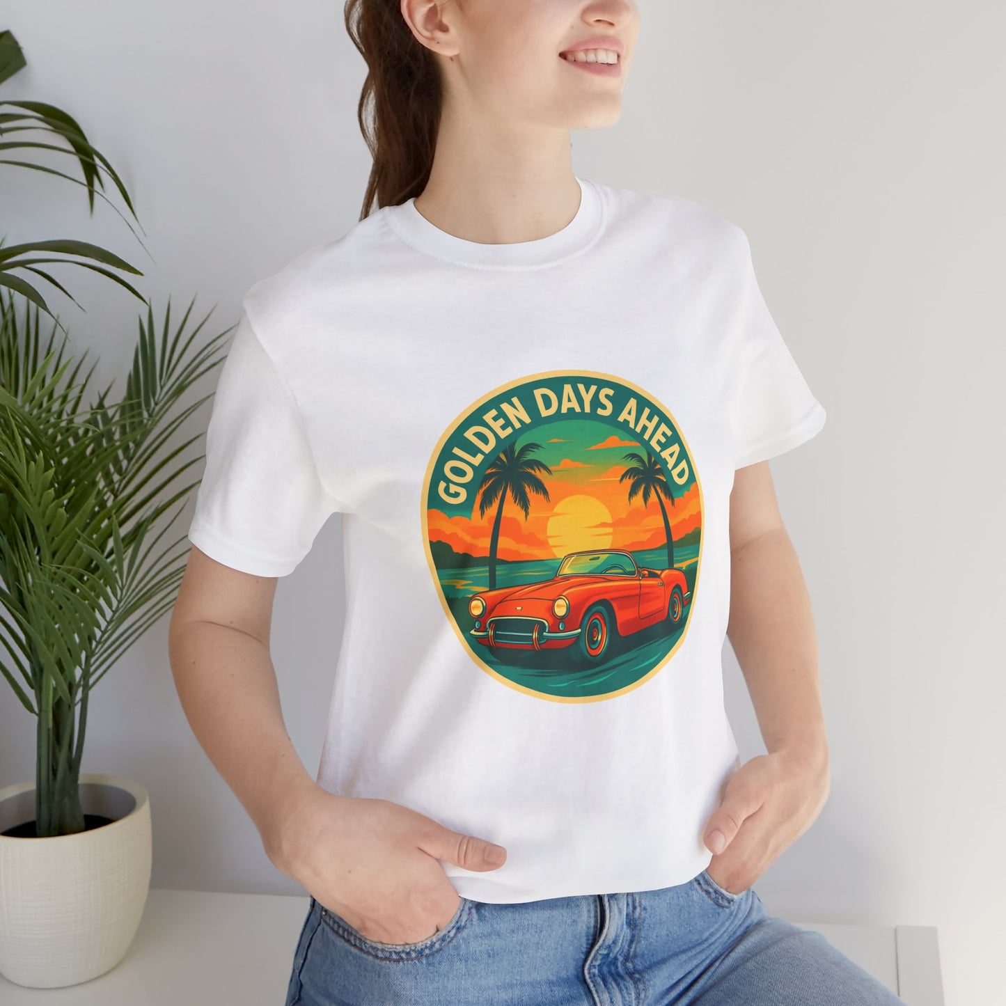 Golden Days Ahead Retro Convertible T-Shirt, Vintage Classic Car Graphic Tee, Sunset Beach Palm Trees - Unisex Jersey Short Sleeve Tee,