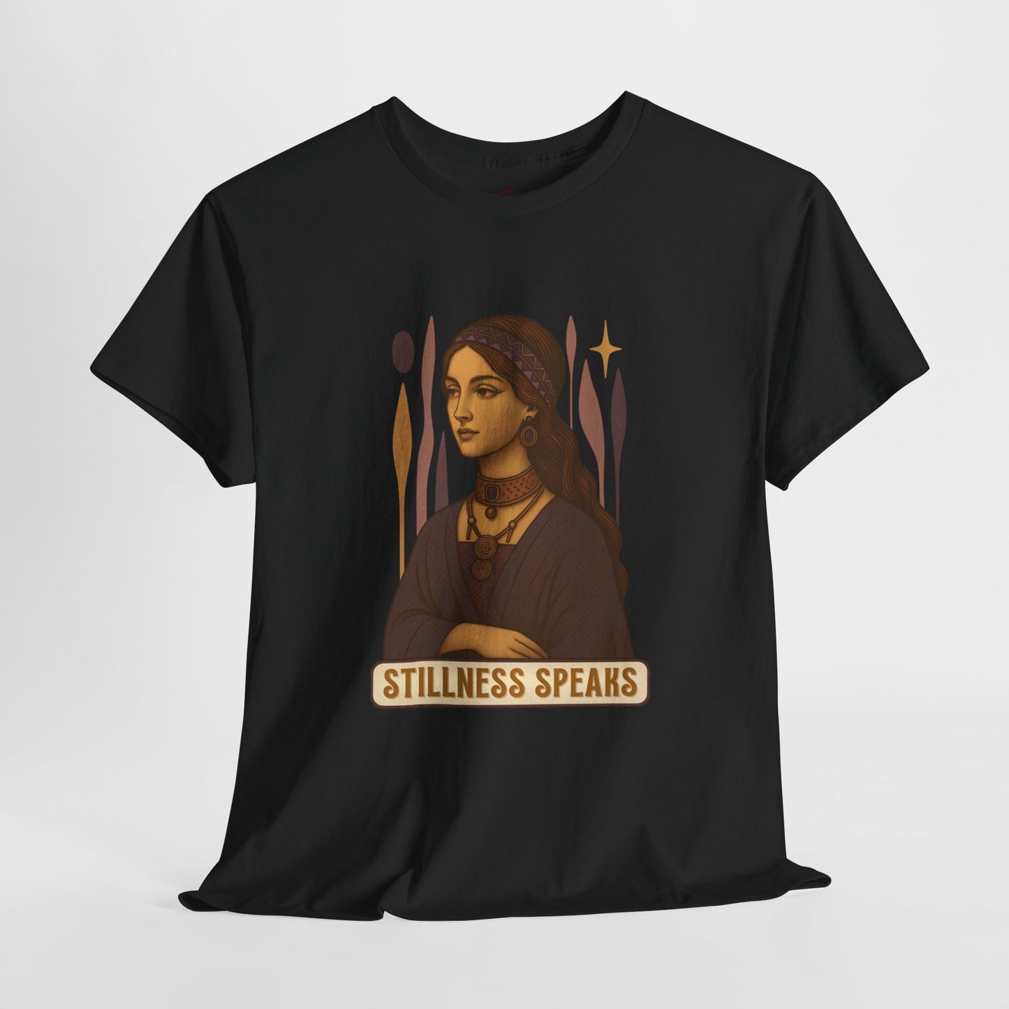 Vintage Mystic Woman Stillness Speaks T-Shirt, Retro Boho Aesthetic Top, Spiritual Graphic Tee, Mindfulness Yoga Gift, Unisex Heavy Cotton