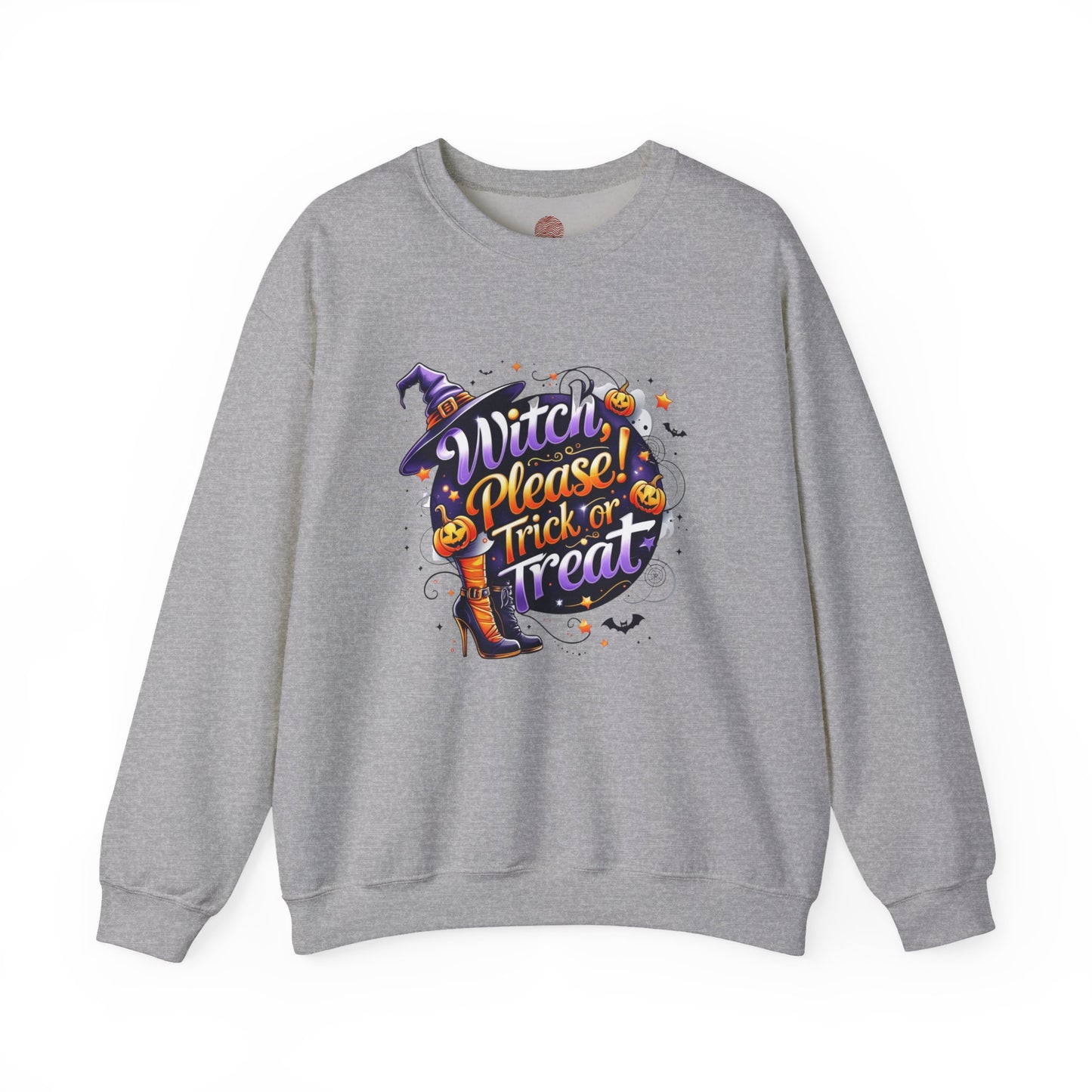 Halloween Sweatshirt – "Witch Please, Trick or Treat" – Funny Witch Hat & Pumpkins Graphic – Cozy Unisex Crewneck Pullover