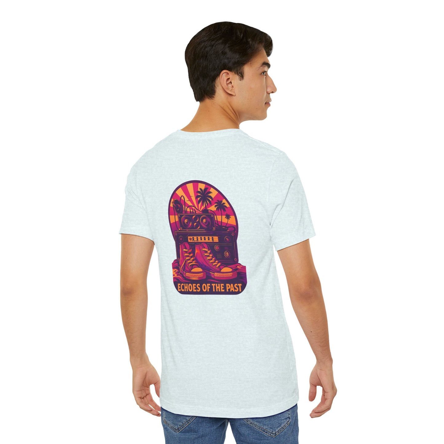 Echoes of the Past Retro Sunset T-Shirt – Bella Canvas 3001 Unisex 80s Vaporwave Graphic Tee, Vintage Music Lover Shirt