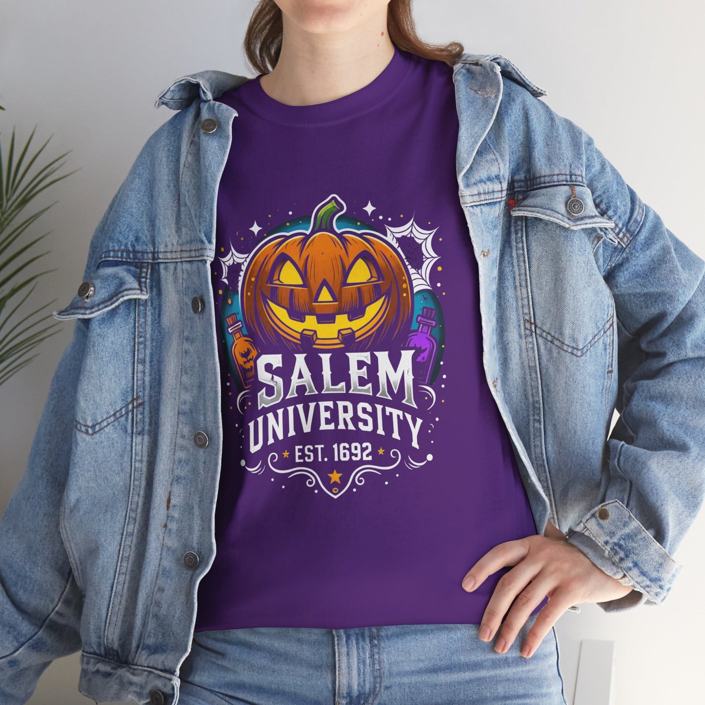 Salem University Halloween Shirt | Funny Witch Pumpkin Graphic Tee | Spooky Witchcraft Unisex T-Shirt | Vintage Halloween Party Top