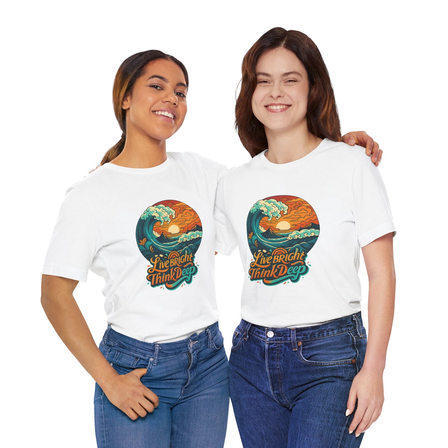 Retro Ocean Wave Sunset T-Shirt, Inspirational Typography Tee, Unisex Graphic Top, Gift for Men & Women, Live Bright Think Deep Shirt