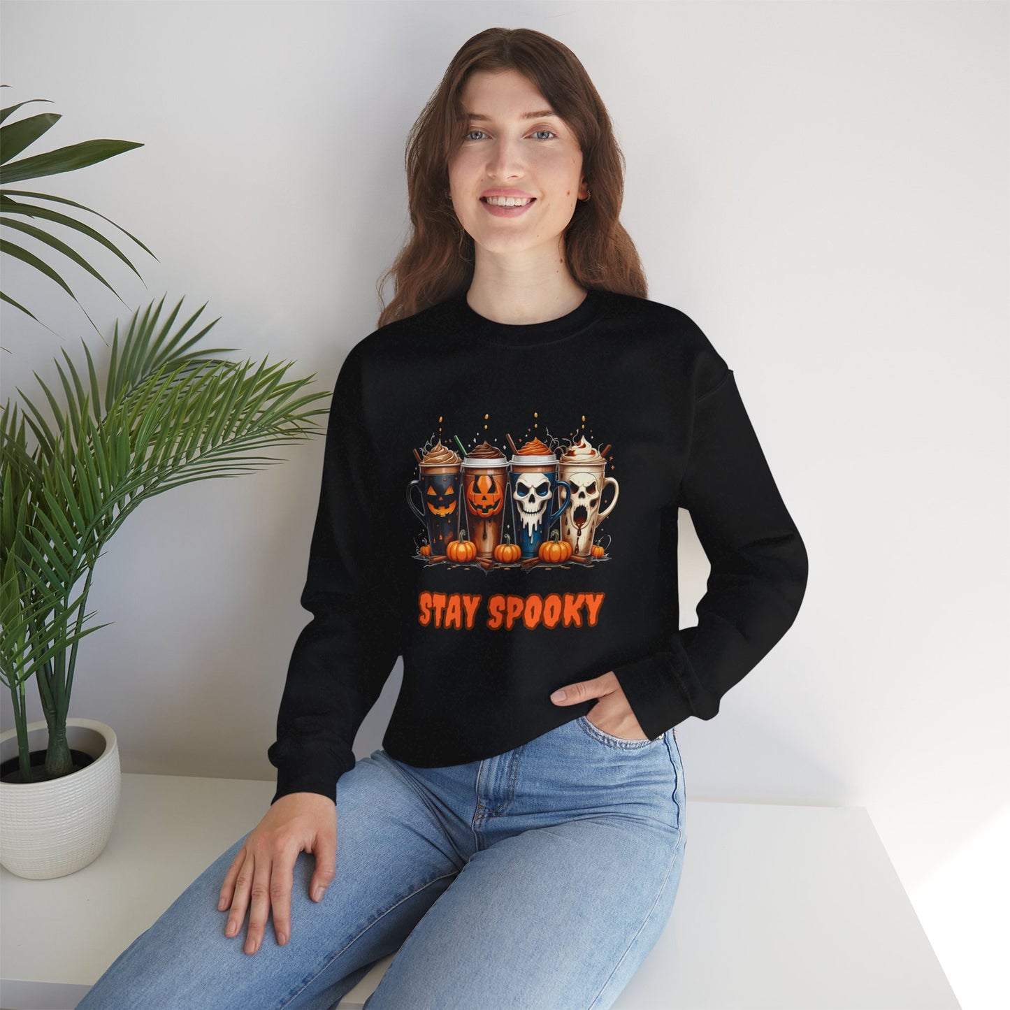 Stay Spooky Halloween Coffee Cups Sweatshirt – Unisex Gildan Heavy Blend Crewneck Pullover