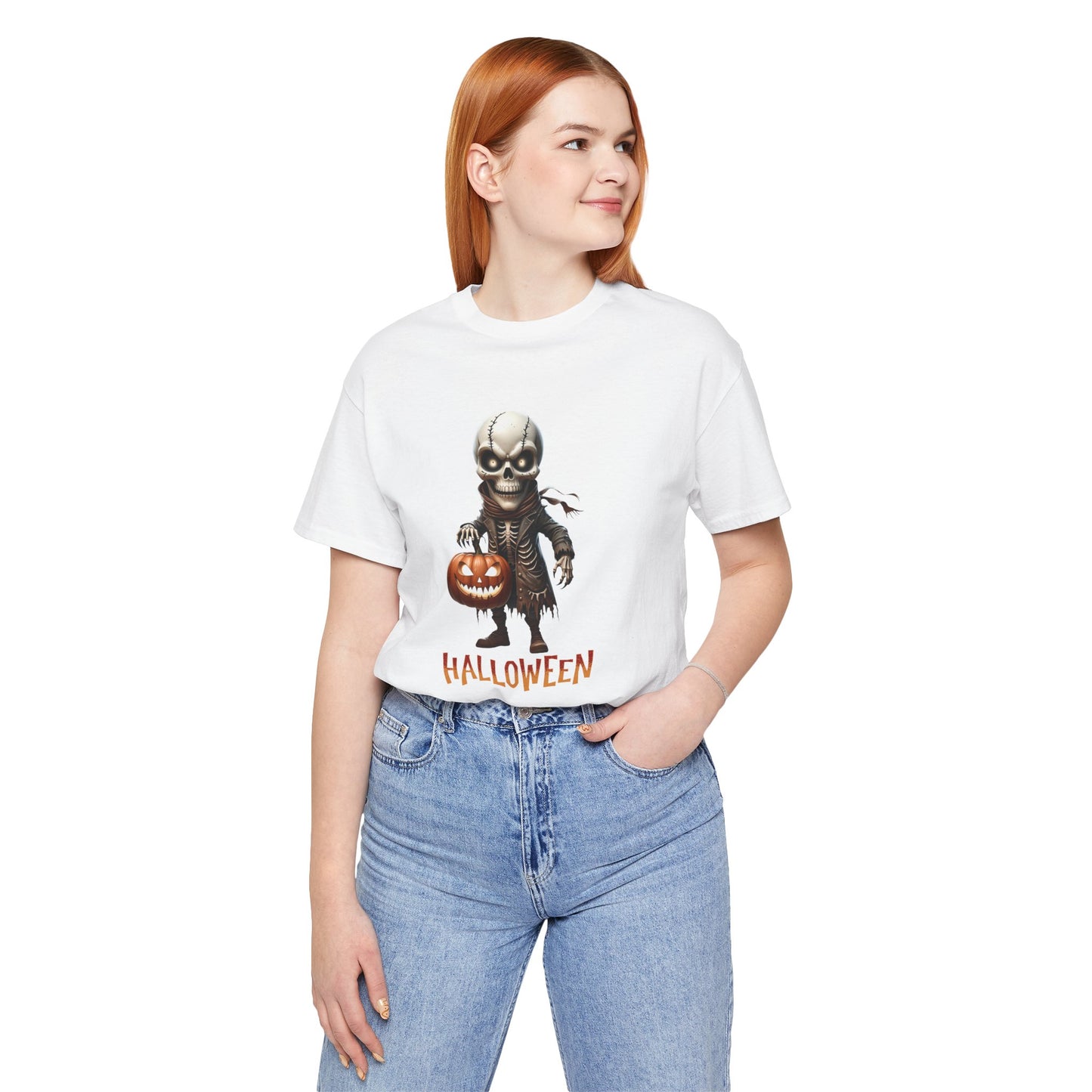 Halloween Skeleton Shirt – Spooky Pumpkin Graphic Tee – Bella Canvas 3001 – Unisex Gothic Horror Costume T-Shirt
