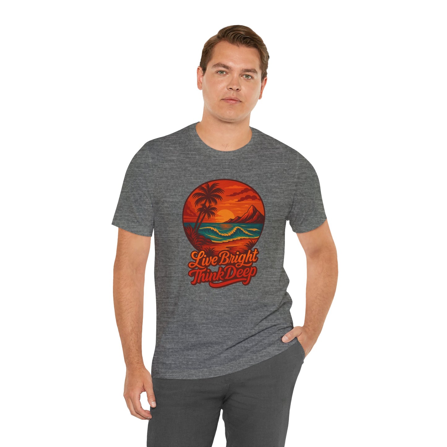 Retro Sunset Ocean Wave Graphic Tee - Live Bright Think Deep T-Shirt, Palm Tree Beach Shirt, Inspirational Typography, Unisex Bella Canvas