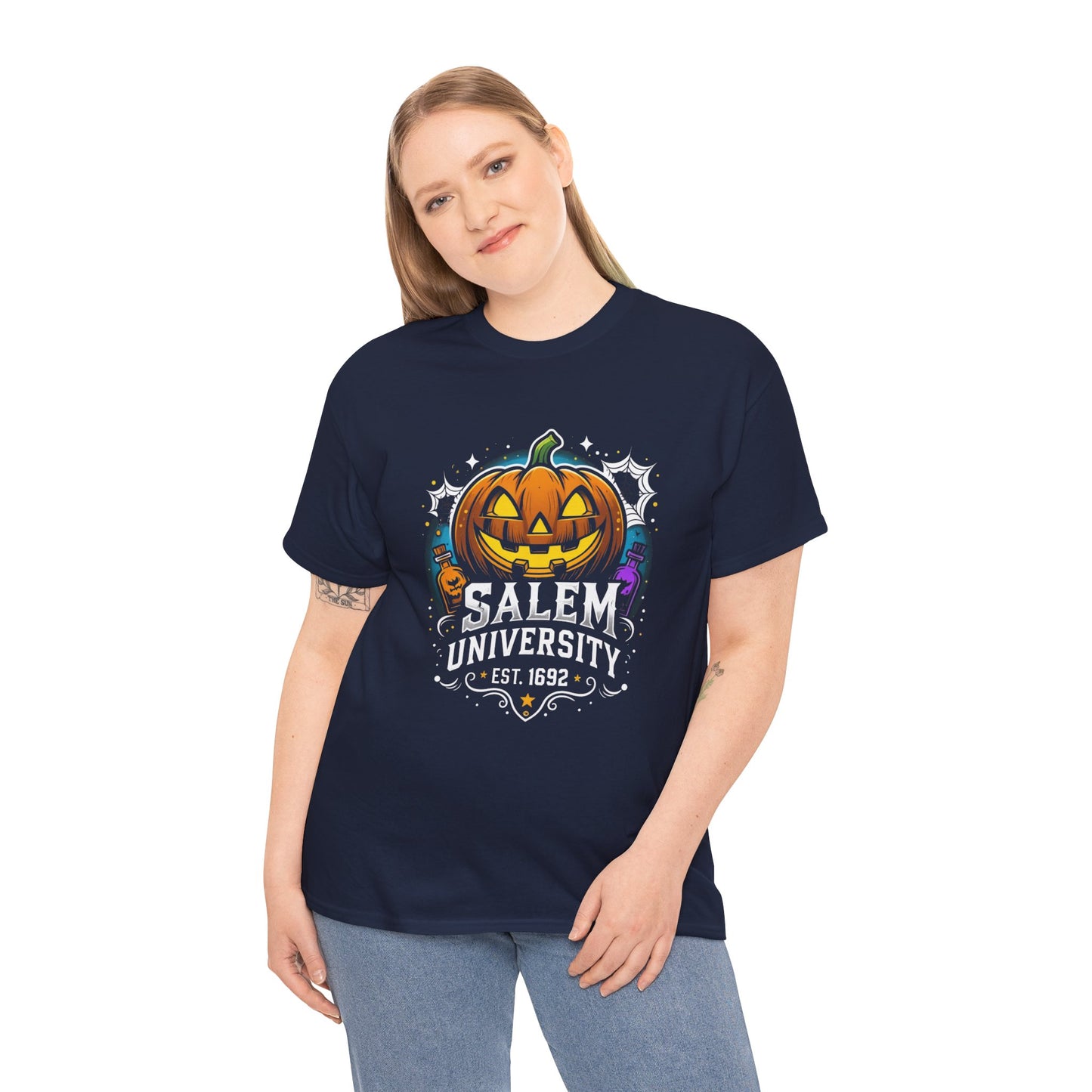 Salem University Halloween Shirt | Funny Witch Pumpkin Graphic Tee | Spooky Witchcraft Unisex T-Shirt | Vintage Halloween Party Top