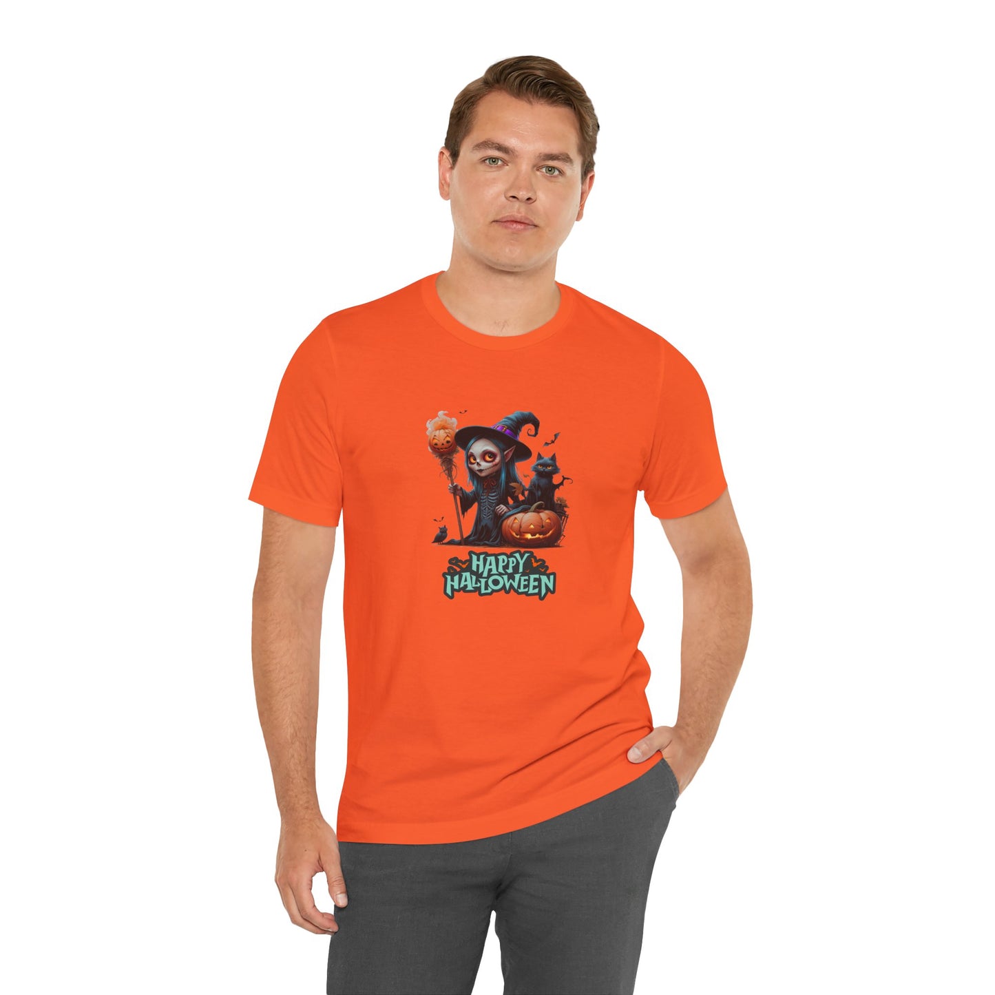 Happy Halloween Witch Shirt – Spooky Pumpkin Cat Graphic Tee – Bella Canvas 3001 – Unisex Halloween T-Shirt for Women Men
