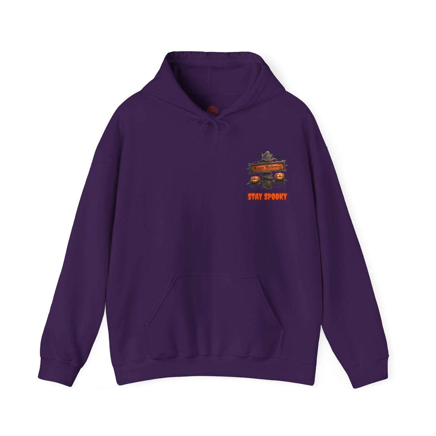 Stay Spooky Halloween Hoodie – Happy Halloween Gravestone & Pumpkin Graphic – Gildan Heavy Blend Unisex Pullover"