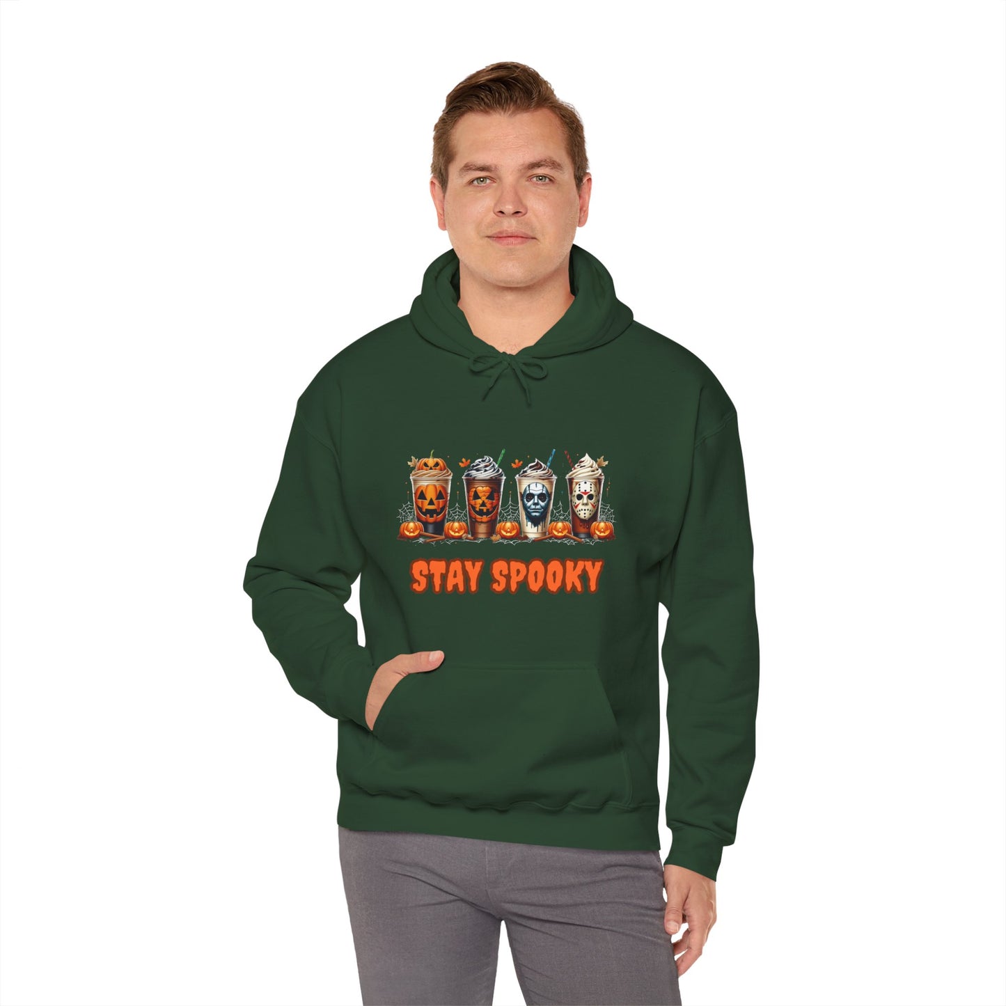 Stay Spooky Halloween Horror Hoodie – Pumpkin Skull Coffee Cup Graphic – Michael Myers Jason Inspired – Gildan 18500 Unisex Pullover