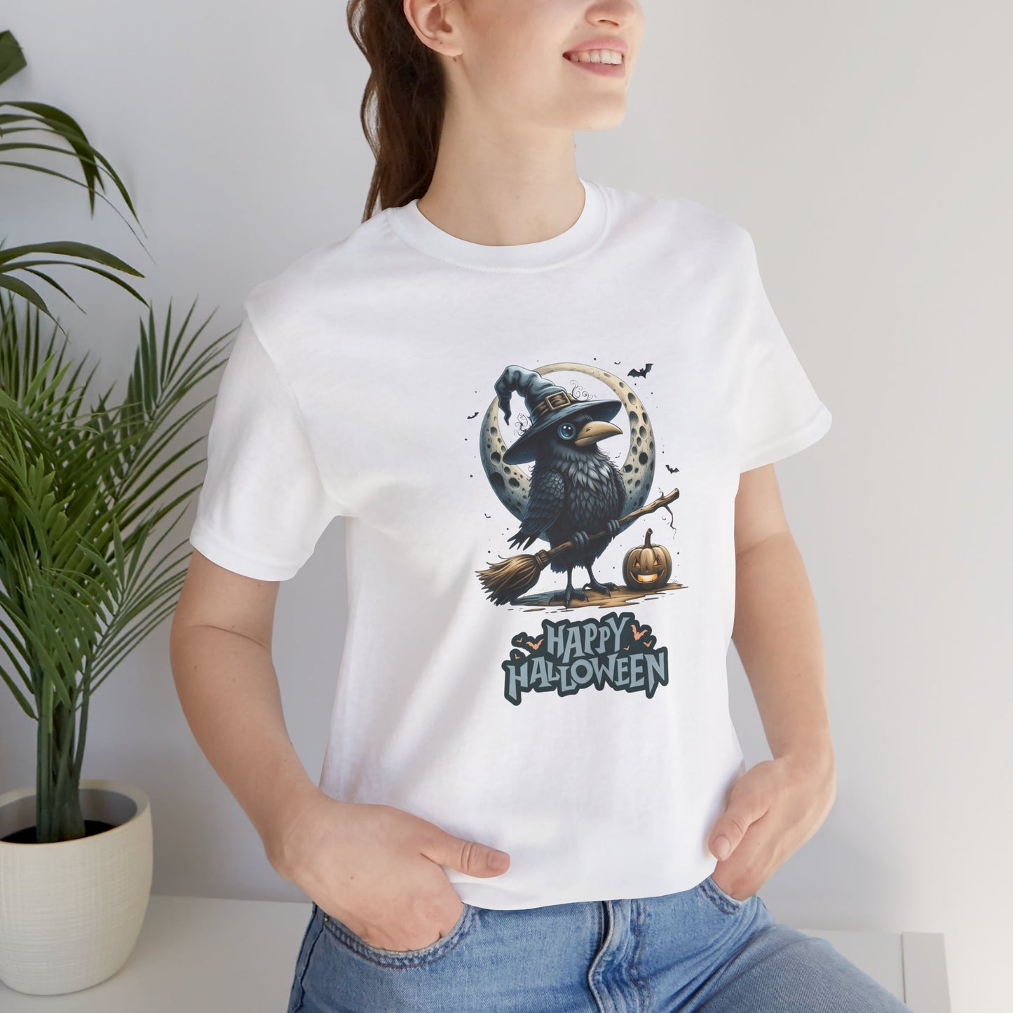 Happy Halloween Crow Shirt – Spooky Raven Witch Graphic Tee – Bella Canvas 3001 – Unisex Halloween T-Shirt for Women Men