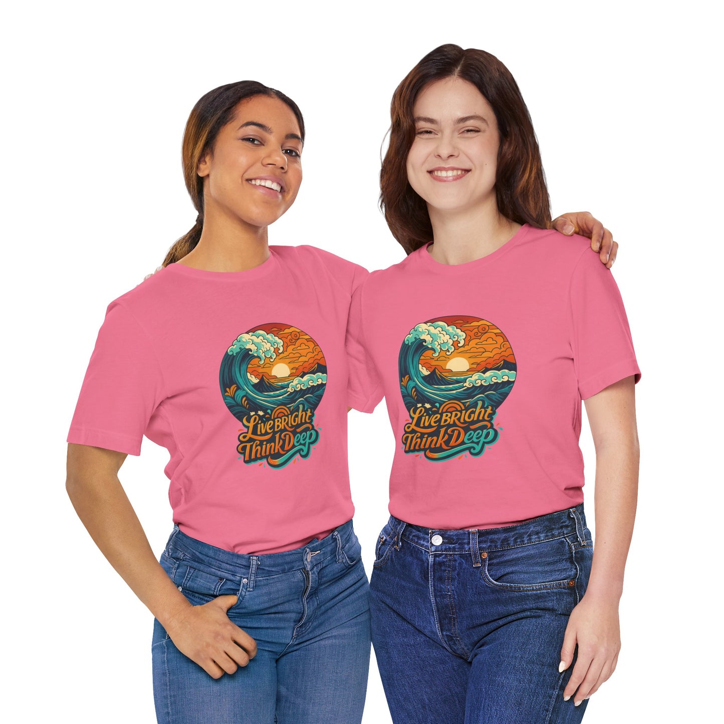 Retro Ocean Wave Sunset T-Shirt, Inspirational Typography Tee, Unisex Graphic Top, Gift for Men & Women, Live Bright Think Deep Shirt