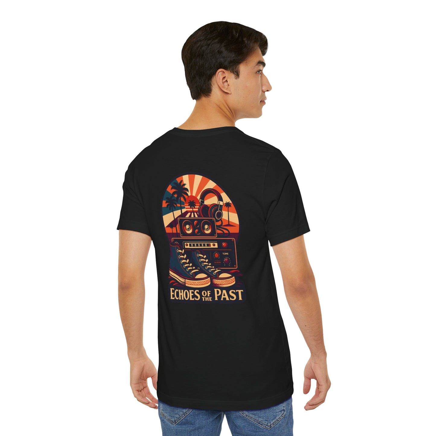 Echoes of the Past Retro Sunset T-Shirt – Bella Canvas 3001 Unisex Vintage 80s Palm Tree Music Graphic Tee