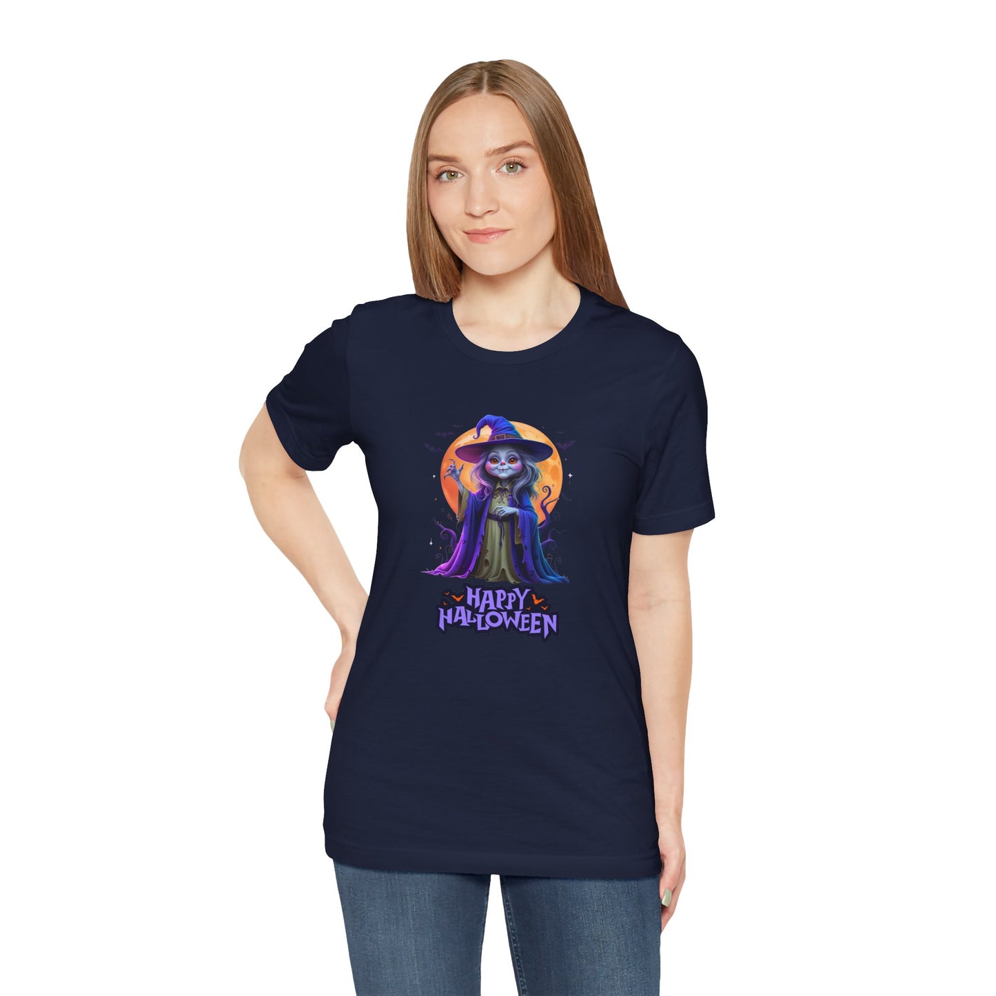 Happy Halloween Witch Shirt – Spooky Full Moon Graphic Tee – Bella Canvas 3001 – Unisex Halloween T-Shirt for Women Men