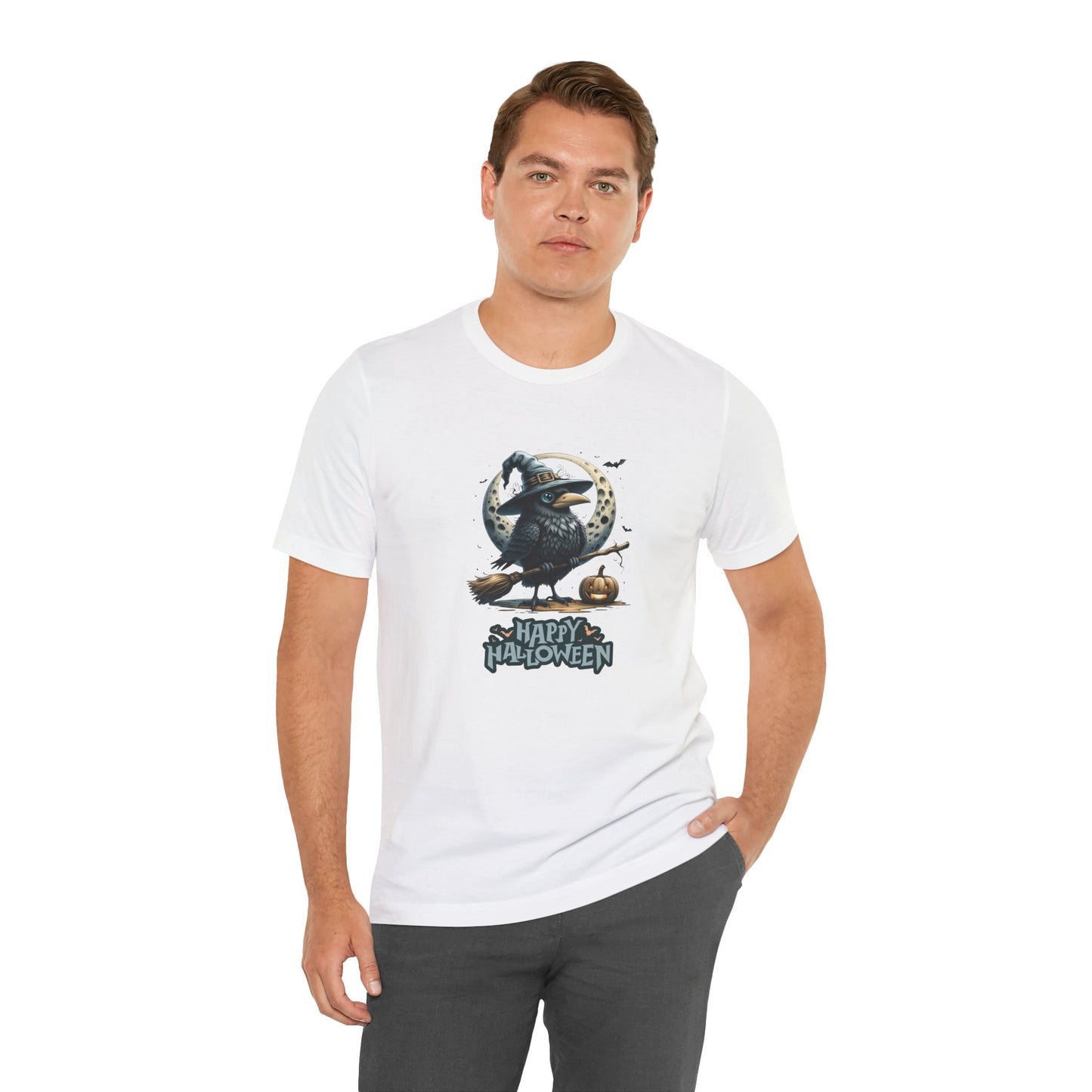 Happy Halloween Crow Shirt – Spooky Raven Witch Graphic Tee – Bella Canvas 3001 – Unisex Halloween T-Shirt for Women Men