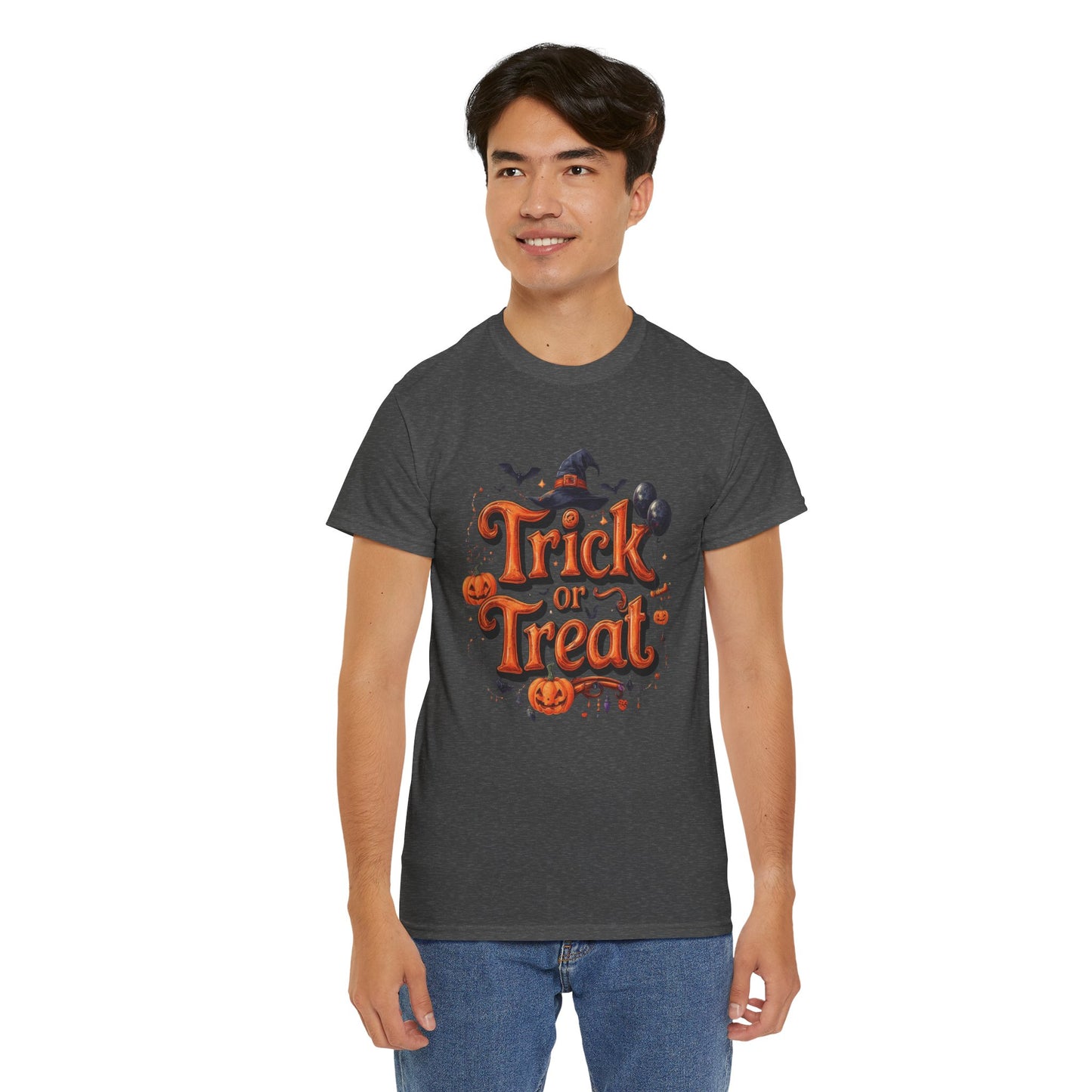 Trick or Treat Halloween Shirt | Spooky Pumpkin Witch Hat Graphic Tee | Funny Unisex Costume T-Shirt | Cute Halloween Party Top