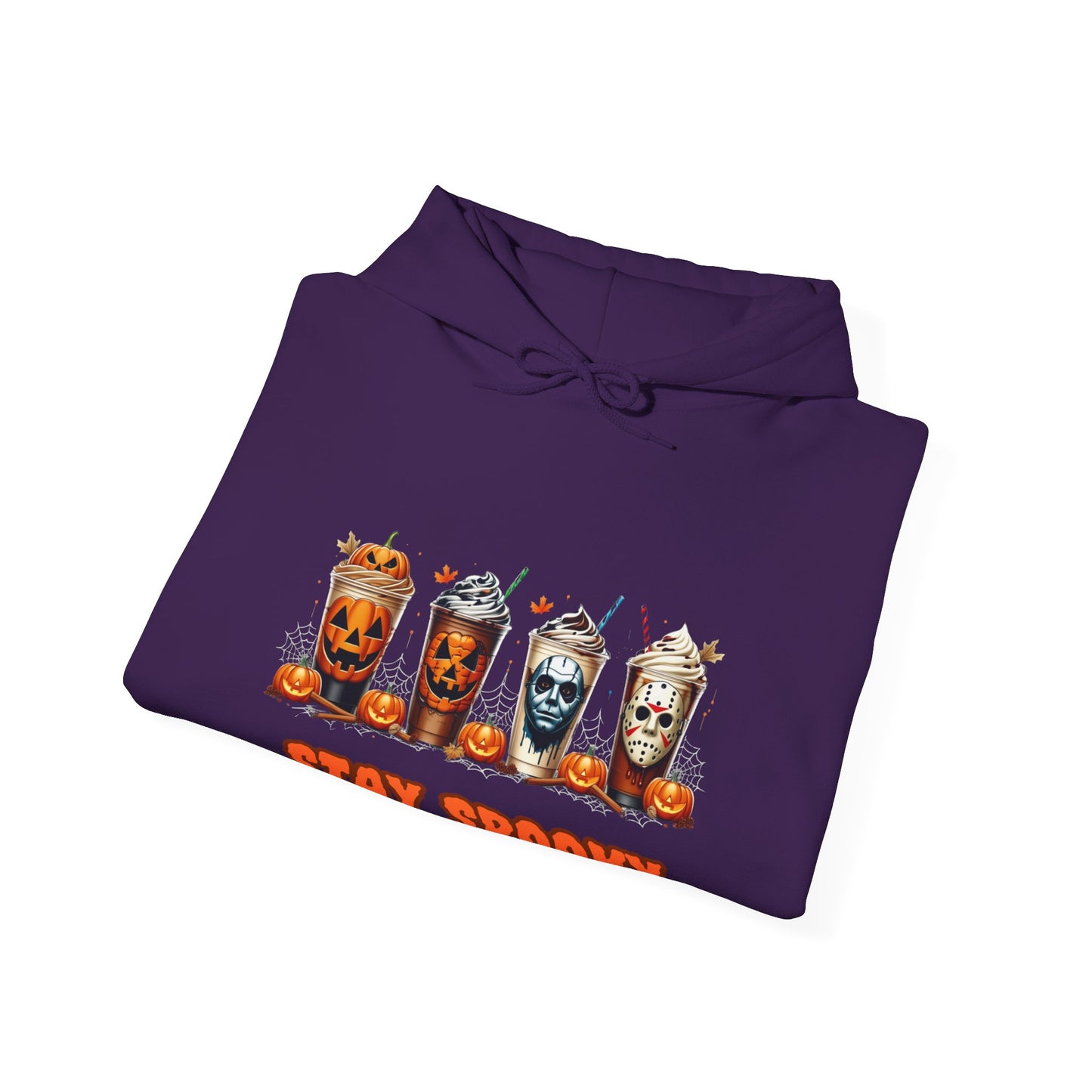 Stay Spooky Halloween Horror Hoodie – Pumpkin Skull Coffee Cup Graphic – Michael Myers Jason Inspired – Gildan 18500 Unisex Pullover
