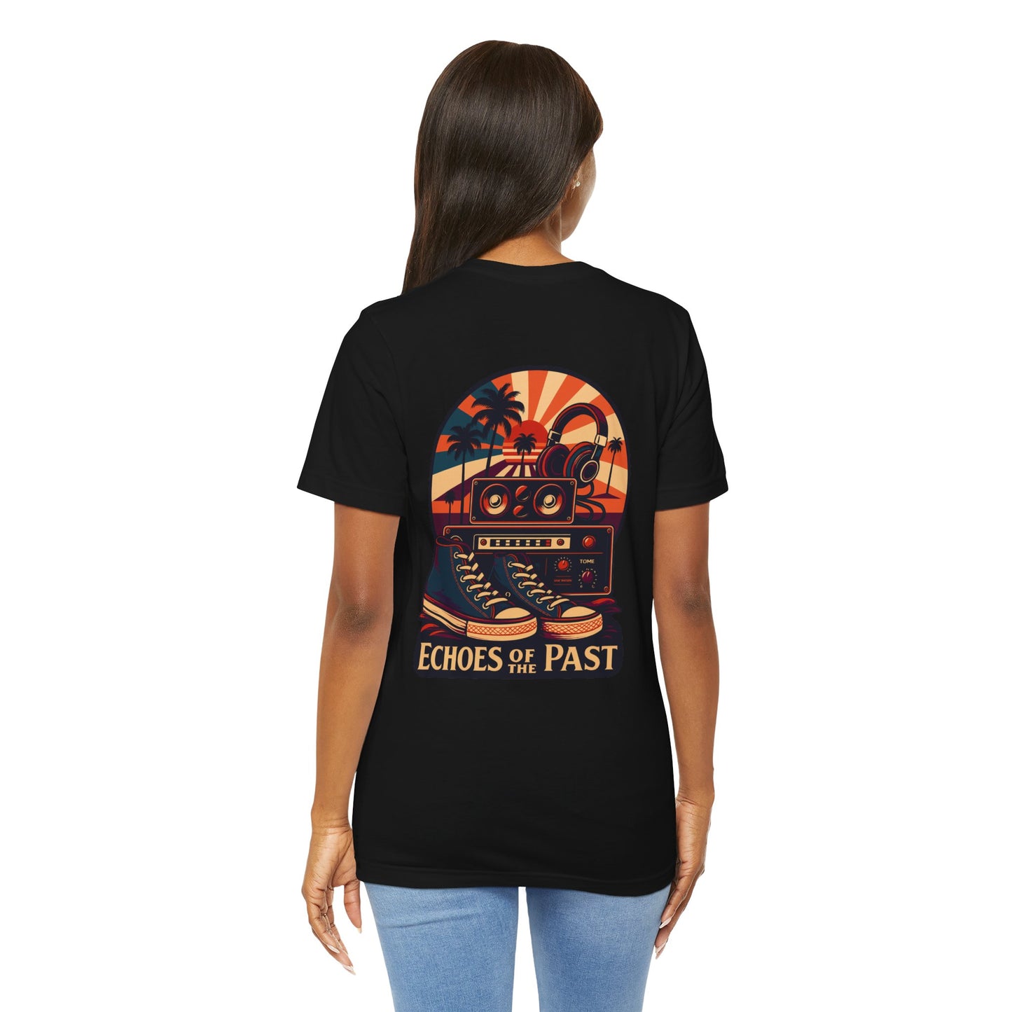 Echoes of the Past Retro Sunset T-Shirt – Bella Canvas 3001 Unisex Vintage 80s Palm Tree Music Graphic Tee