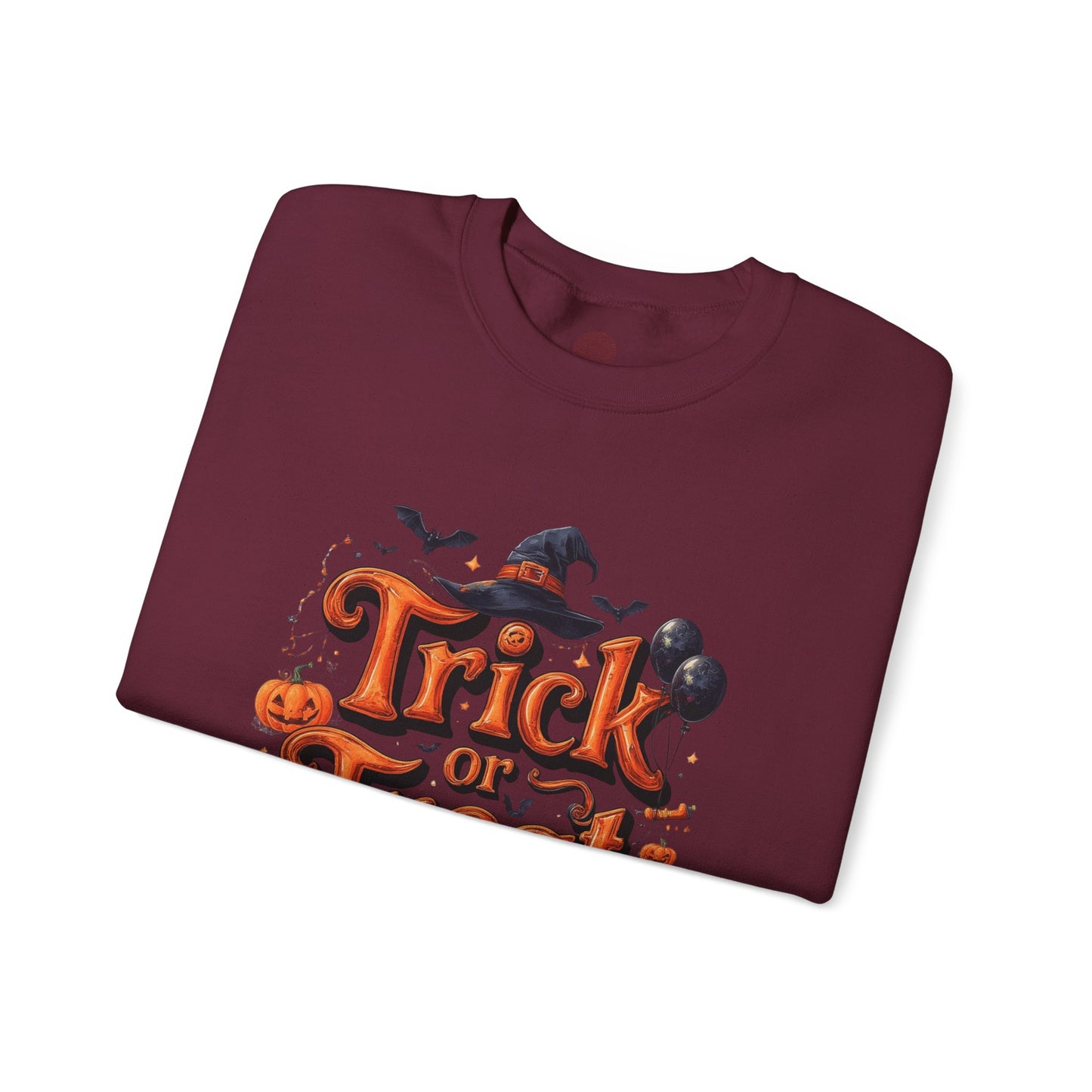 Halloween “Trick or Treat” Graphic Sweatshirt – Cozy Cotton Blend, Spooky Pumpkin & Witch Hat Design