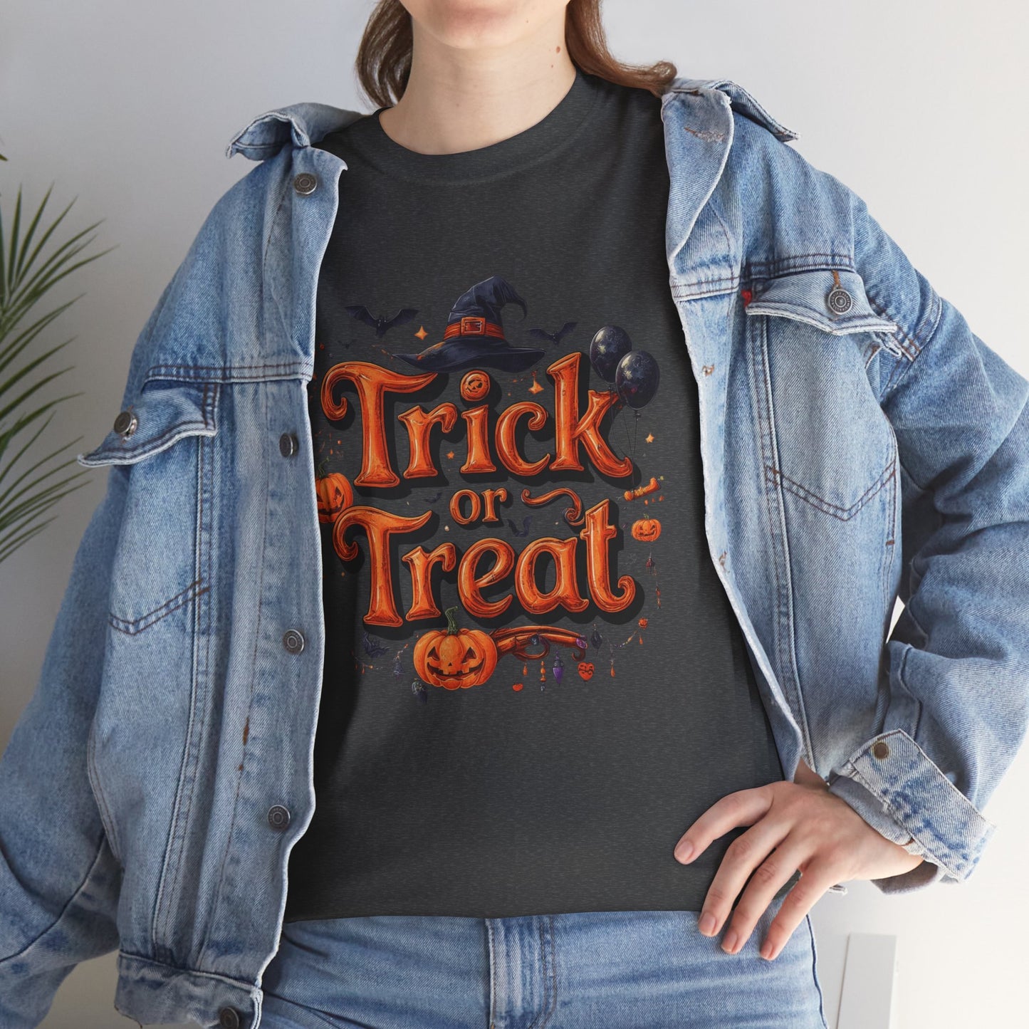 Trick or Treat Halloween Shirt | Spooky Pumpkin Witch Hat Graphic Tee | Funny Unisex Costume T-Shirt | Cute Halloween Party Top