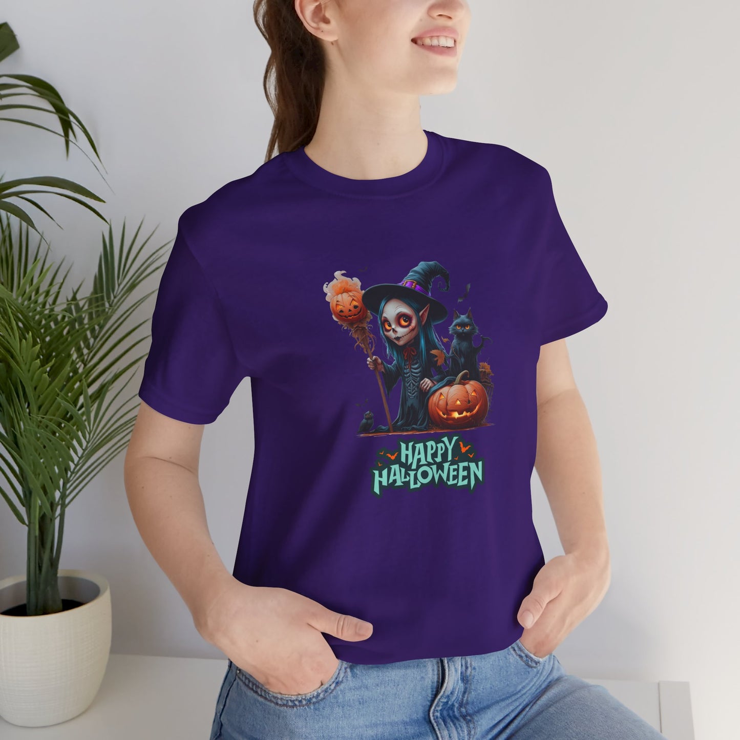 Happy Halloween Witch Shirt – Spooky Pumpkin Cat Graphic Tee – Bella Canvas 3001 – Unisex Halloween T-Shirt for Women Men